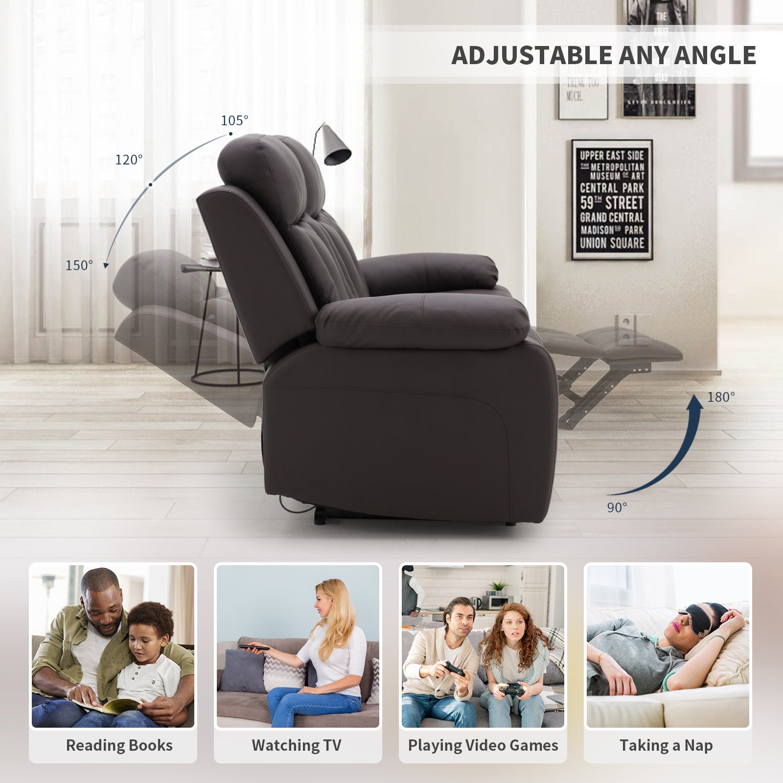 Homrest Breathable Leather Fabric Recliner Chair with PU Padded Seat Backrest is designed for reading books, watching tv, playing video games and taking a nap