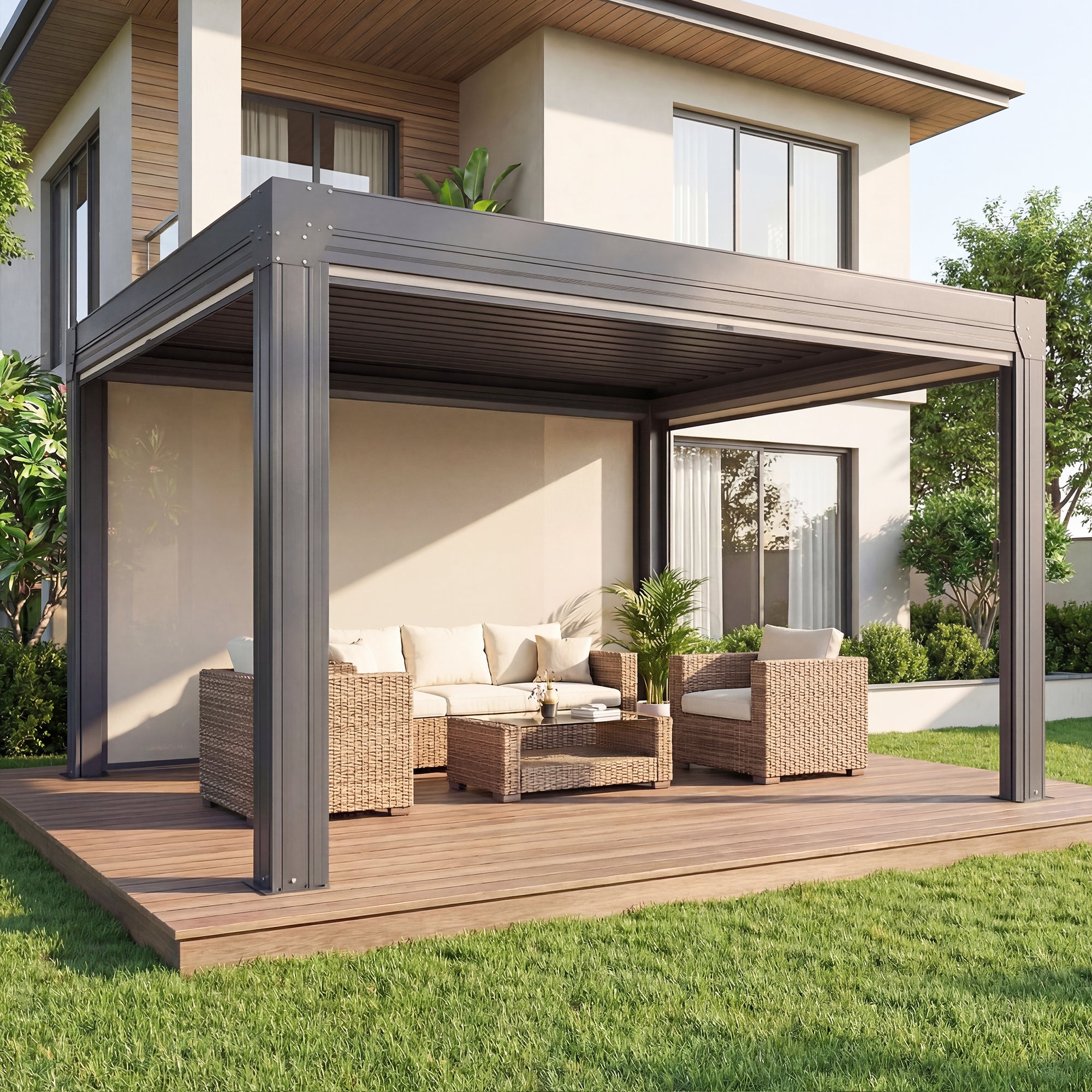 HOMREST 10' x 12' Louvered Pergola with Pull-Down Screens, Aluminum Outdoor Pergola with Retractable Roof for Patios, Decks & Backyards, Black