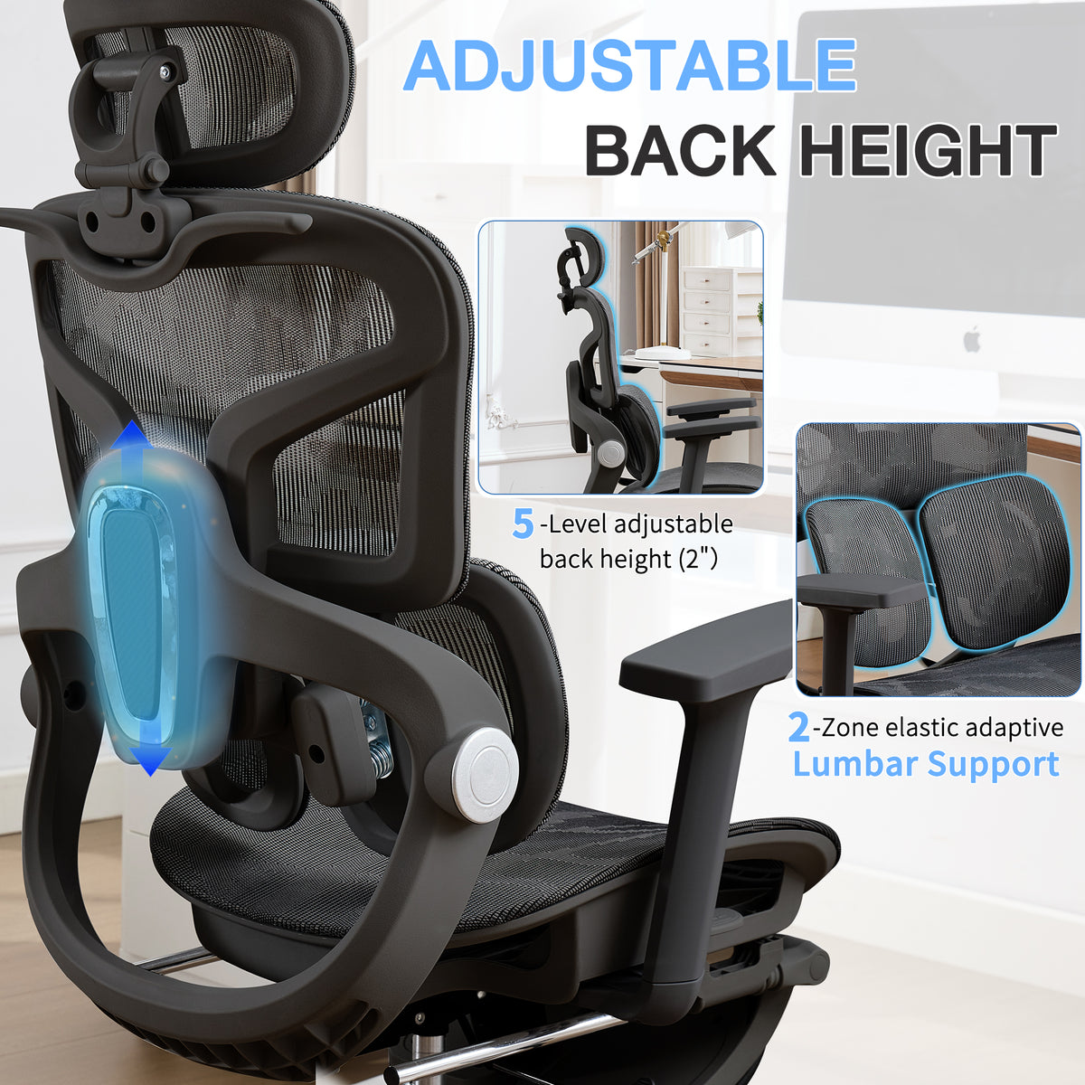 HOMREST Ergonomic Mesh Office Chair with 2-Zone Lumbar Support and Footrest,Black