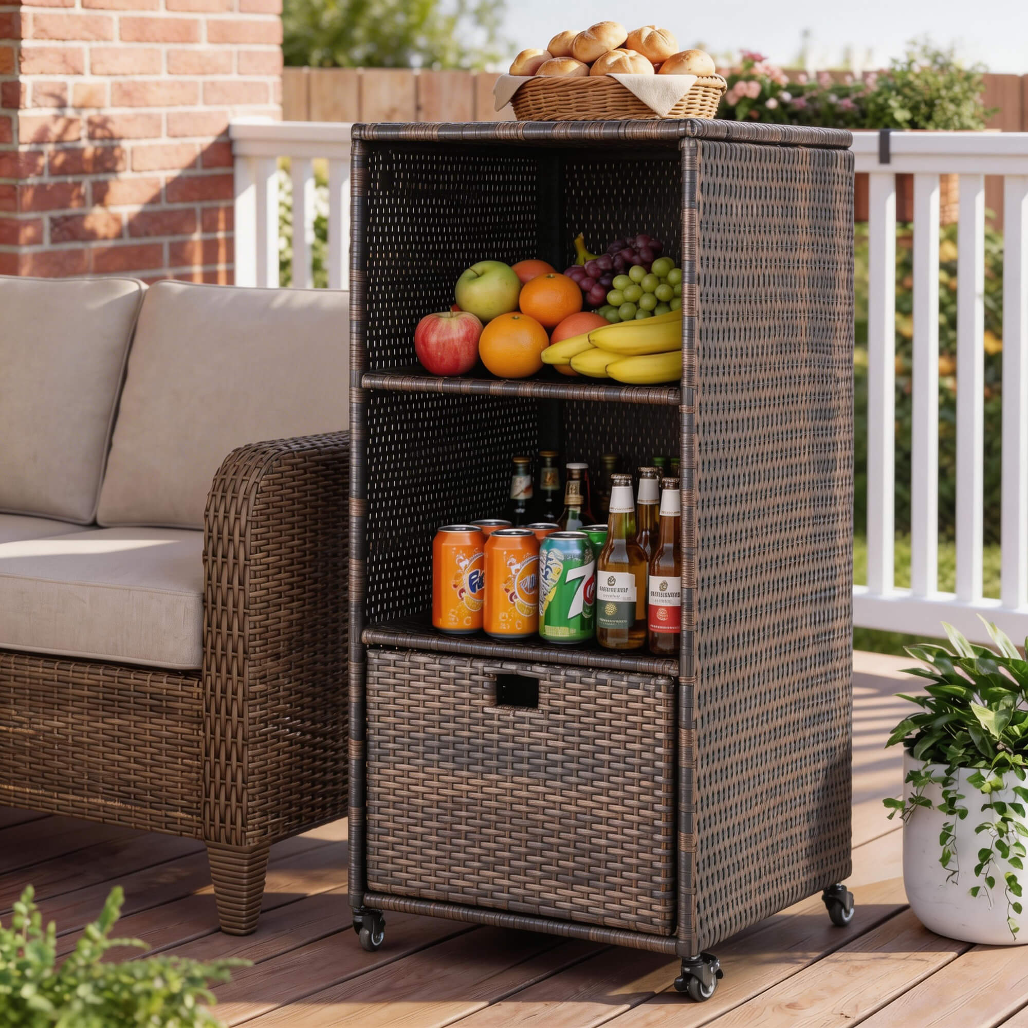 HOMREST Outdoor Pool Towel Rack with Storage Cabinet, Waterproof PE Rattan Wicker Poolside Towel Organizer with Shelves & Drawer, Rolling Wheels Towel Valet Caddy, Brown
