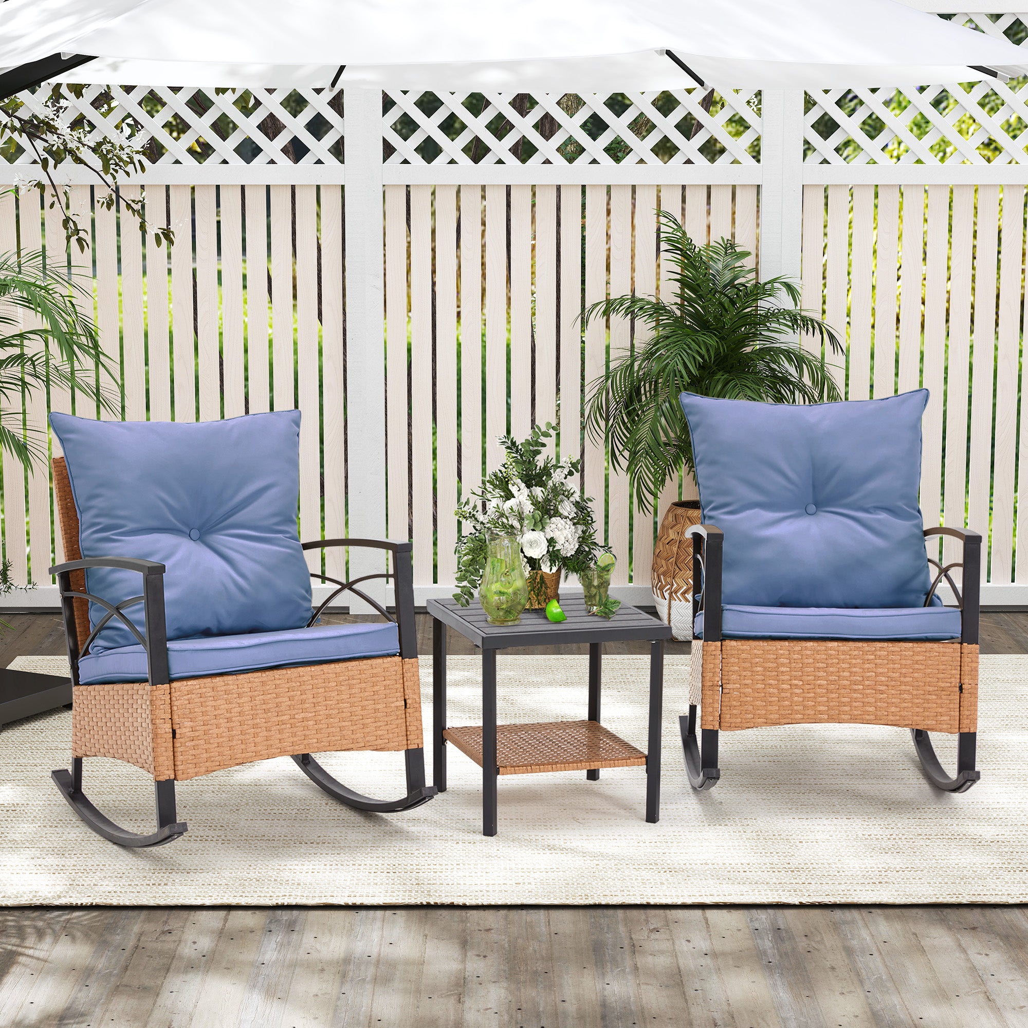 HOMREST 3-Piece Bistro Set: Outdoor Rattan Rocking Chairs with Cushions and Coffee Table