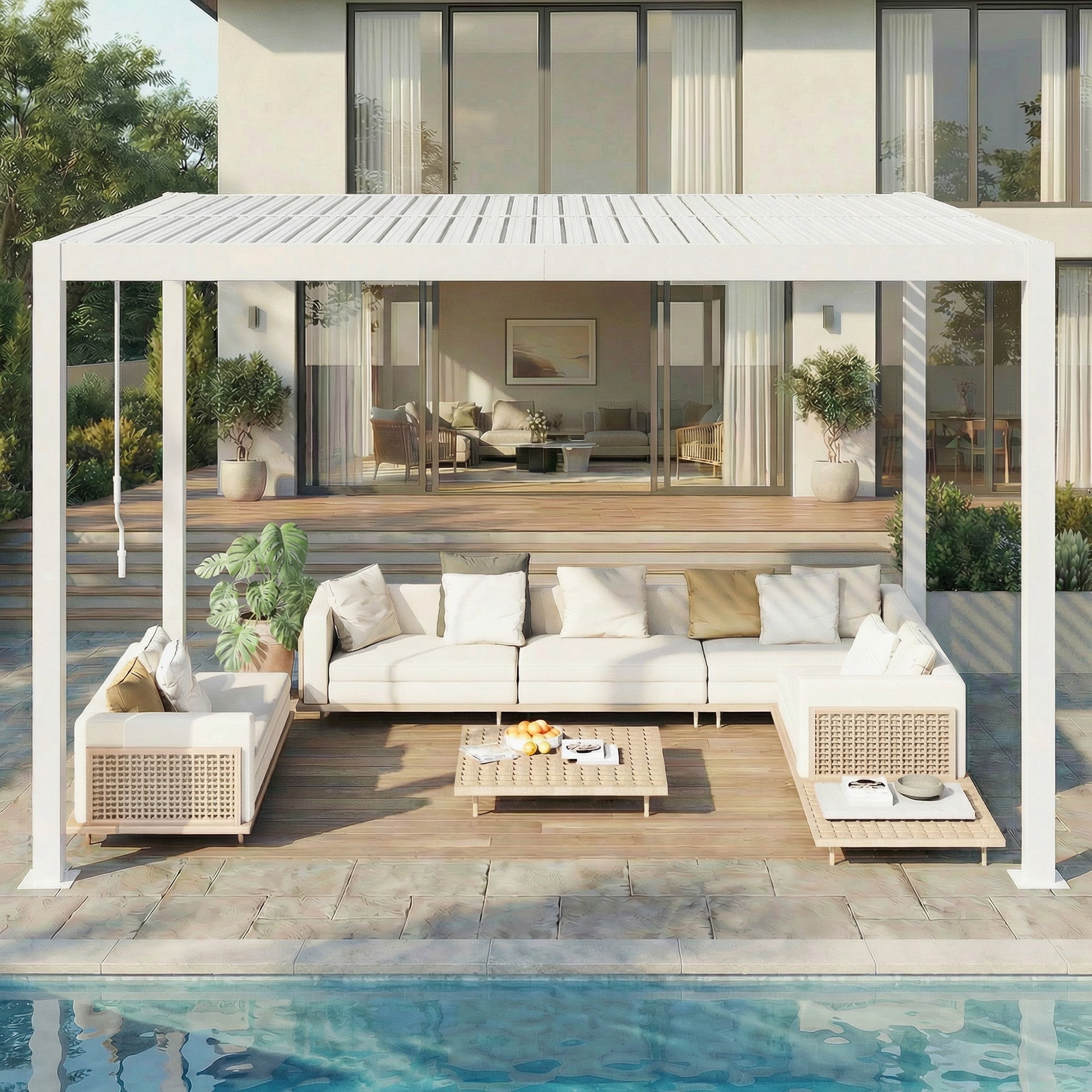 HOMREST 10' x 12' Outdoor Pergola with Adjustable Louvered Roof & Integrated Drainage, Heavy-Duty Metal Louvered Pergola for Patios, White