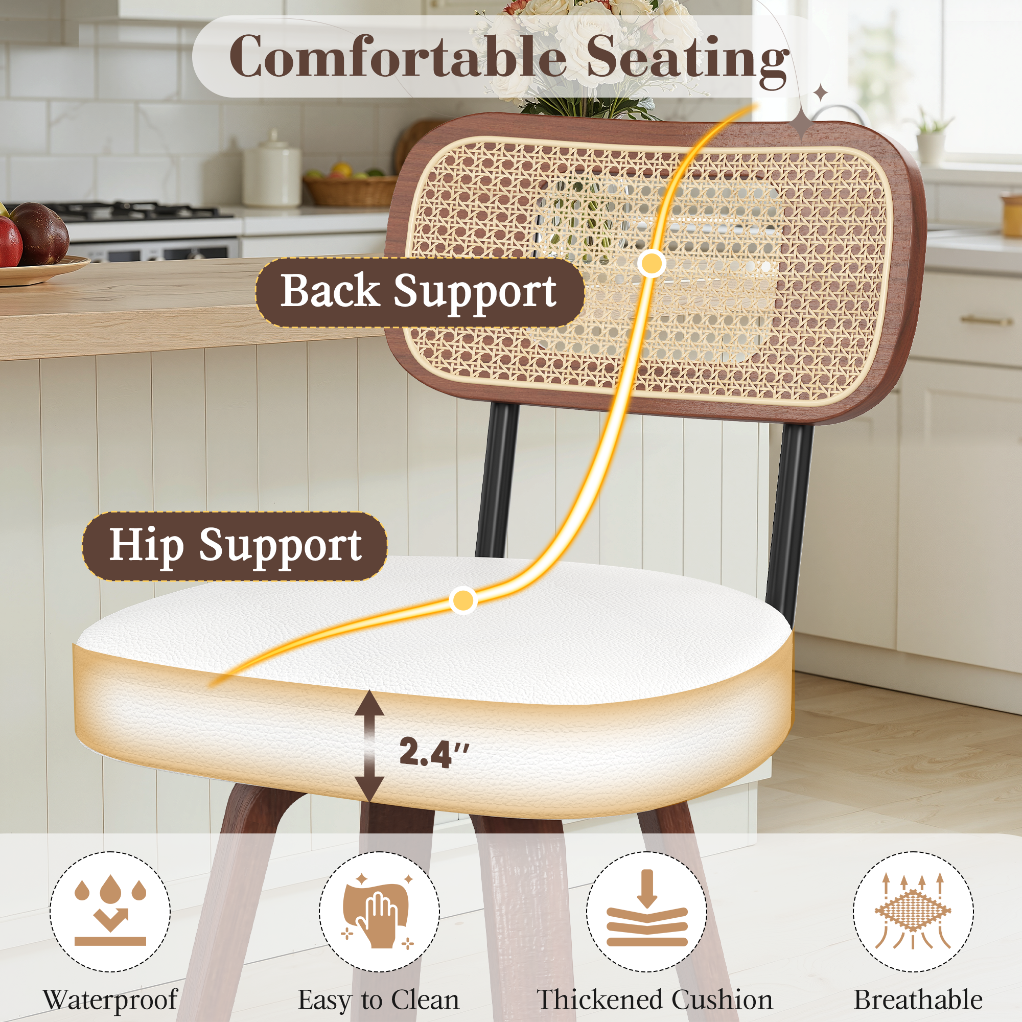 HOMREST Swivel Upholstered Rattan Back Counter & Bar Stool, Bar Chair With Solid Wood Frame And Metal Footrest (set Of 2), Beige
