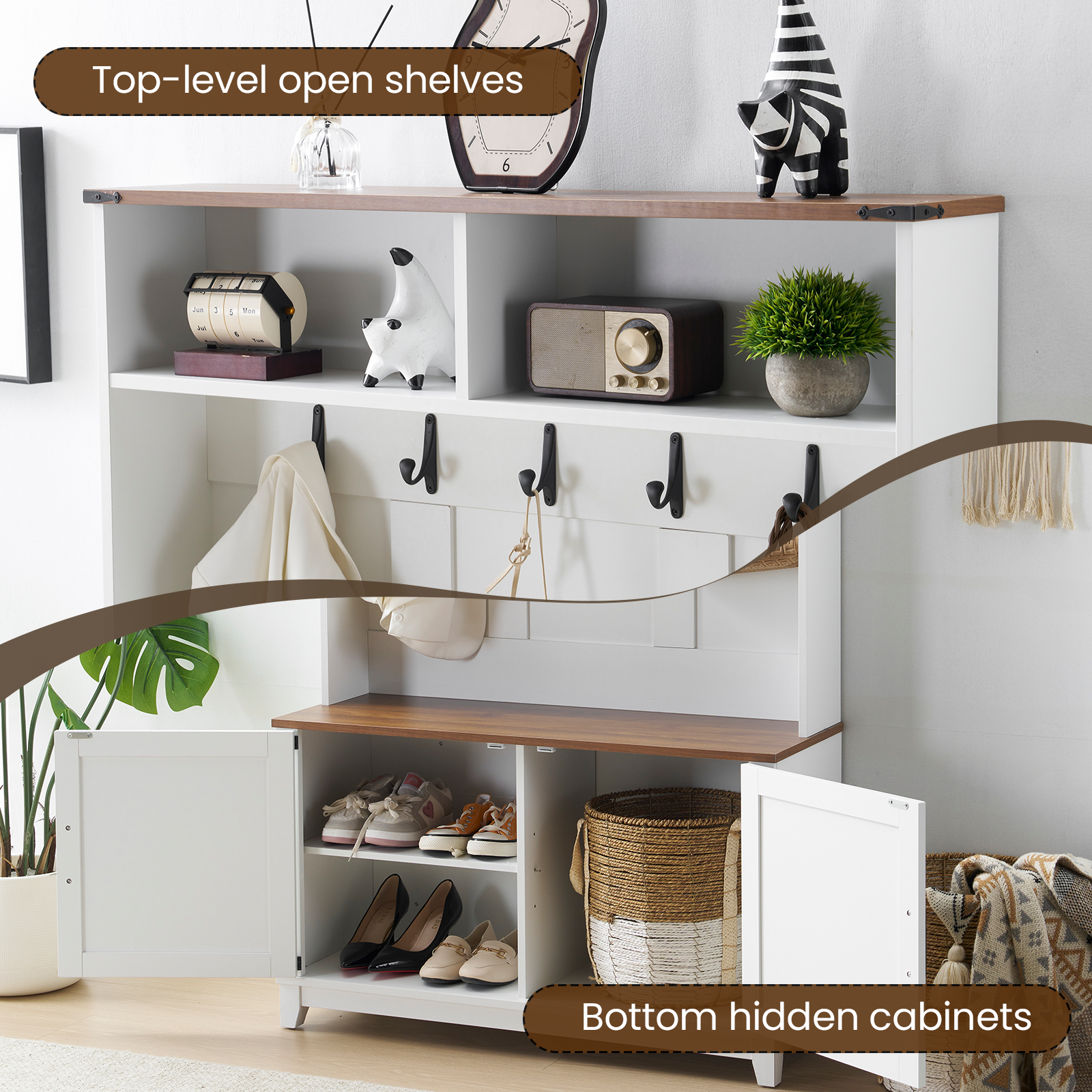 HOMREST 38" Farmhouse Hall Tree with Bench and Shoe Storage, Entryway Bench with Coat Rack, 2 Open Compartments, 7 Coat Hooks, Barn Door & Adjustable Shelf, White