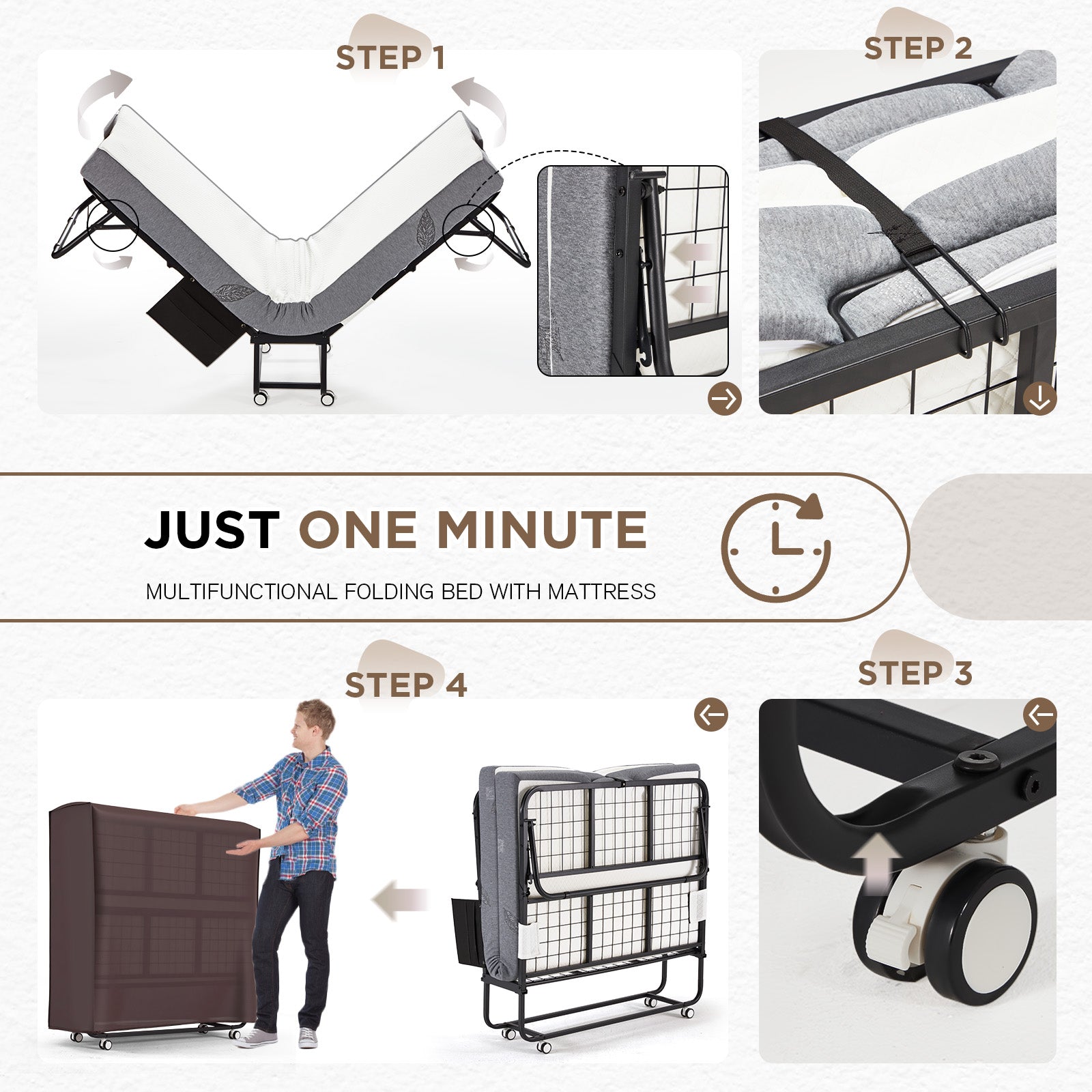 HOMREST 75"x 38" Folding Bed with Mattress, Twin Size Portable Rollaway Guest Bed for Adults