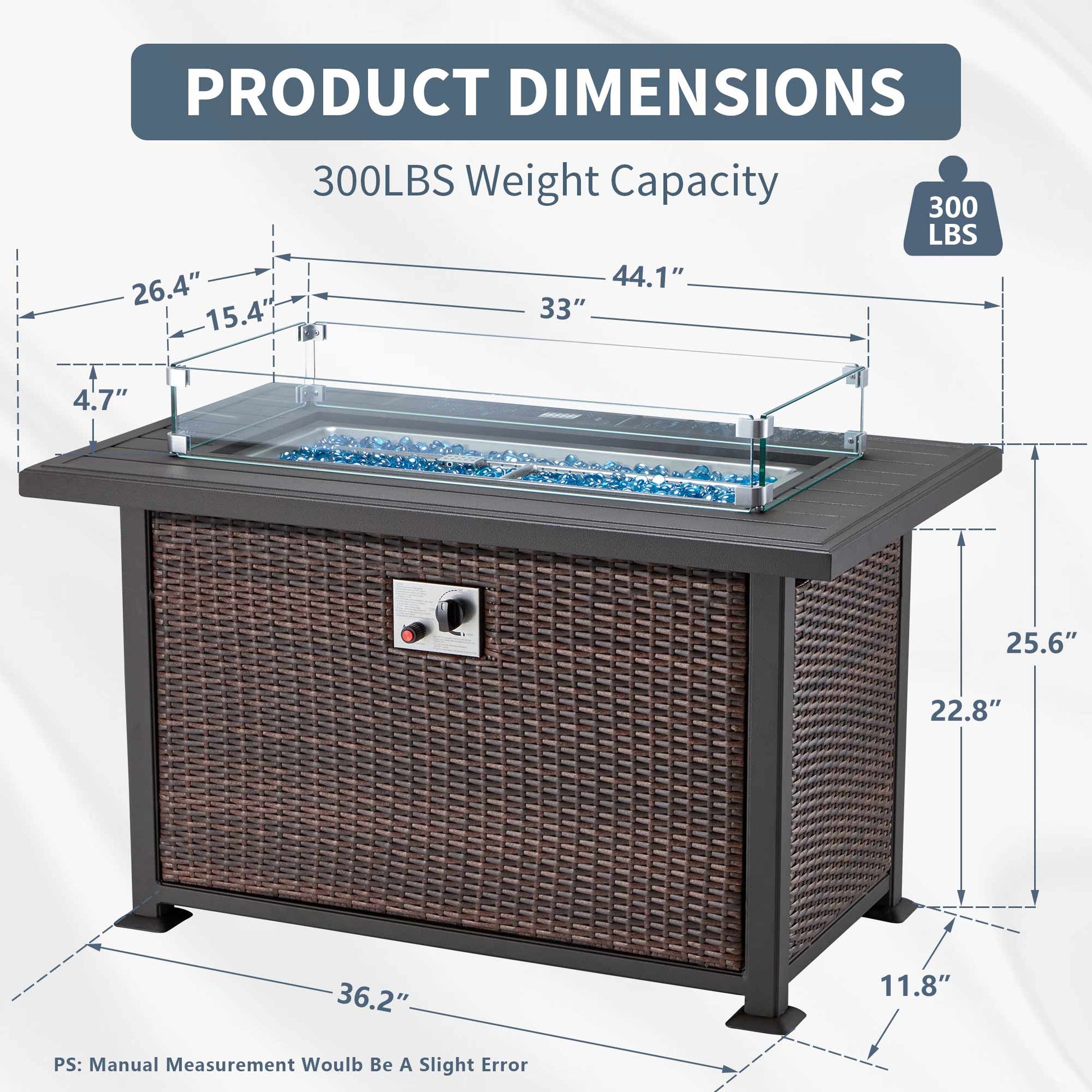 Product dimensions of 44 in propane fire pit table with aluminum table top and glass wind guard. 