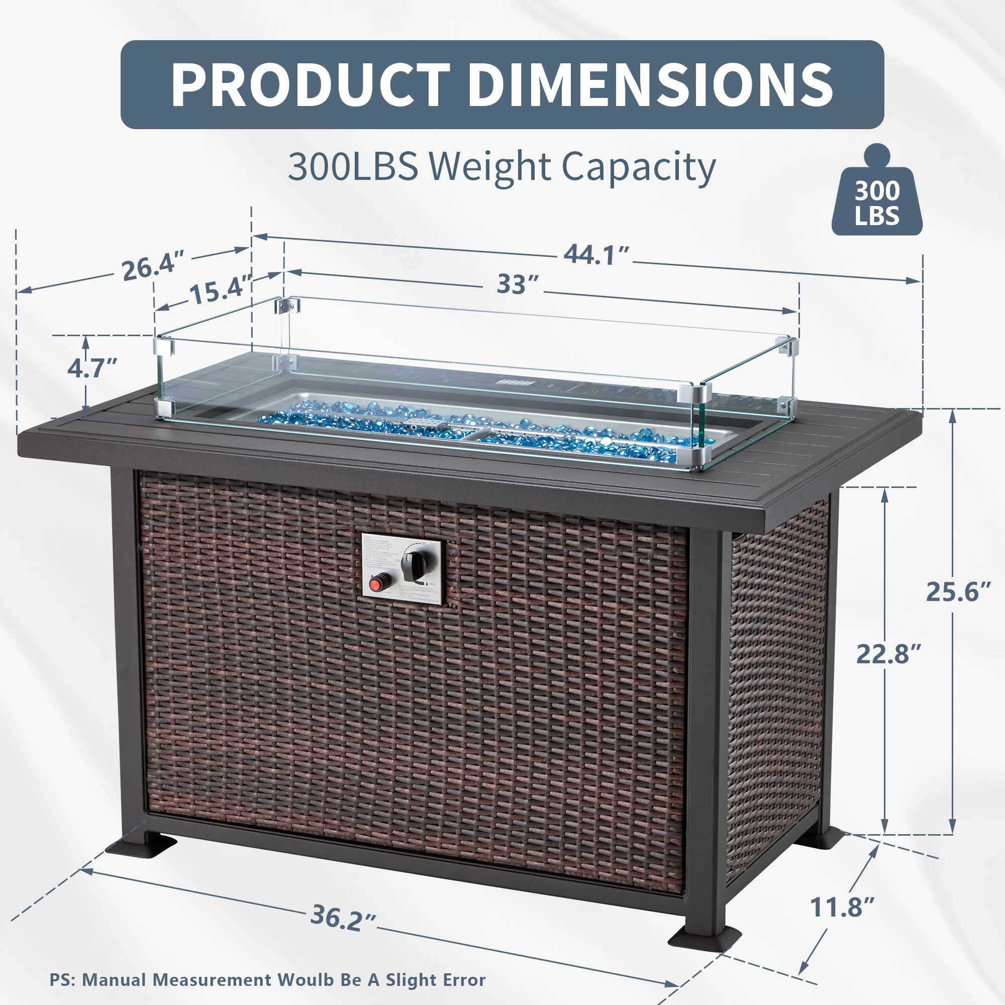 Product dimensions of 44 in propane fire pit table with aluminum table top and glass wind guard. 