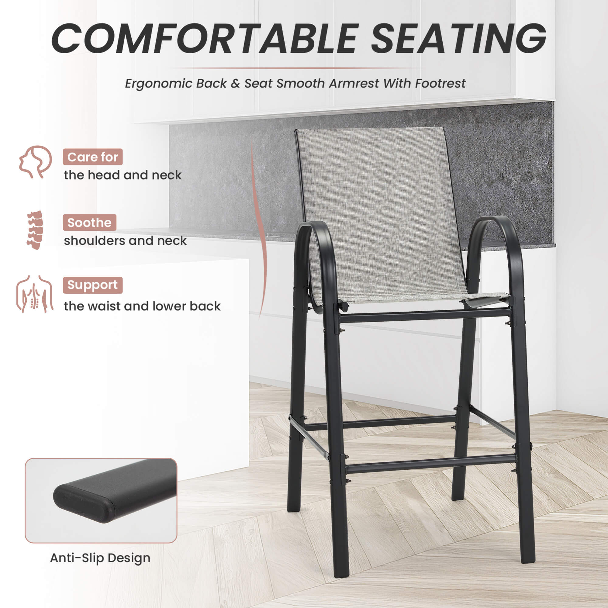 HOMREST Outdoor Bar Height Stools Set of 4, High Back Patio Chairs with Armrests,Textilene Chairs with Breathable Fabric & Metal Frame, Light Grey