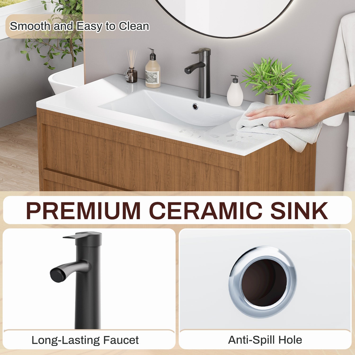 HOMREST 36 Inch Bathroom Vanity with Sink, Floating Bathroom Vanity with 2 Large Storage Drawers, Wood Grain Wall Mounted Bathroom Cabinet, Brown