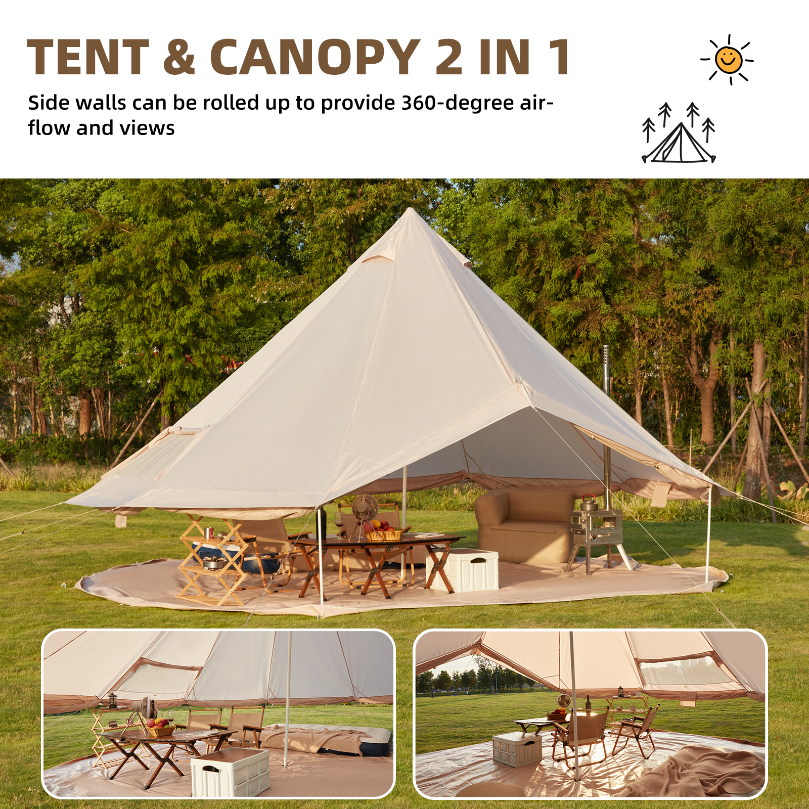 HOMREST Yurt Tent 4 Season Waterproof Glamping Tents w/Stove Jack, with Zipped Removable Floor for Family Camping Outdoor Party 13 FT, Holds up to 4-8 People