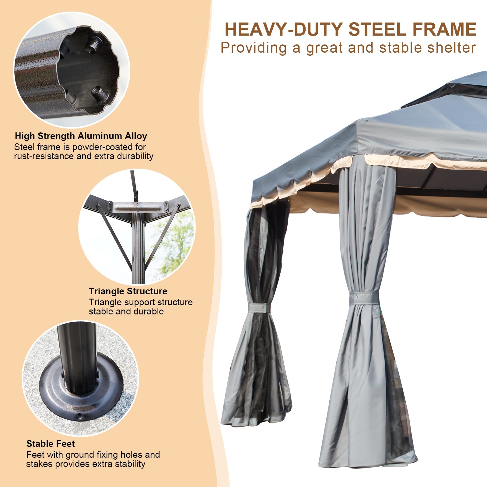 Homrest 10x20 Outdoor Canopy Gazebo with Netting and Shade Curtains, Grey
