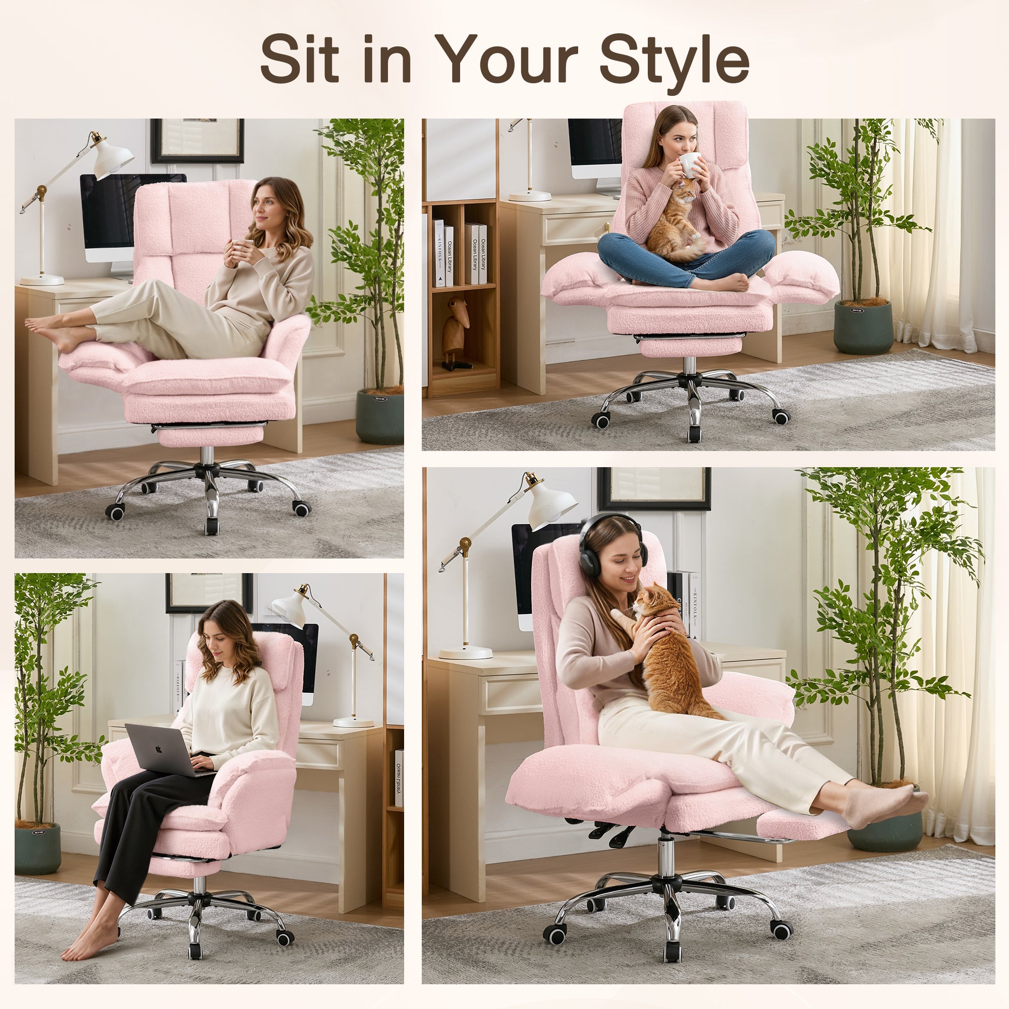 HOMREST Cloud Cross Legged Office Chair with Footrest,Leather Big and Tall Executive Ergonomic Chair,155° Reclining Computer Wide Desk Chair, Pink