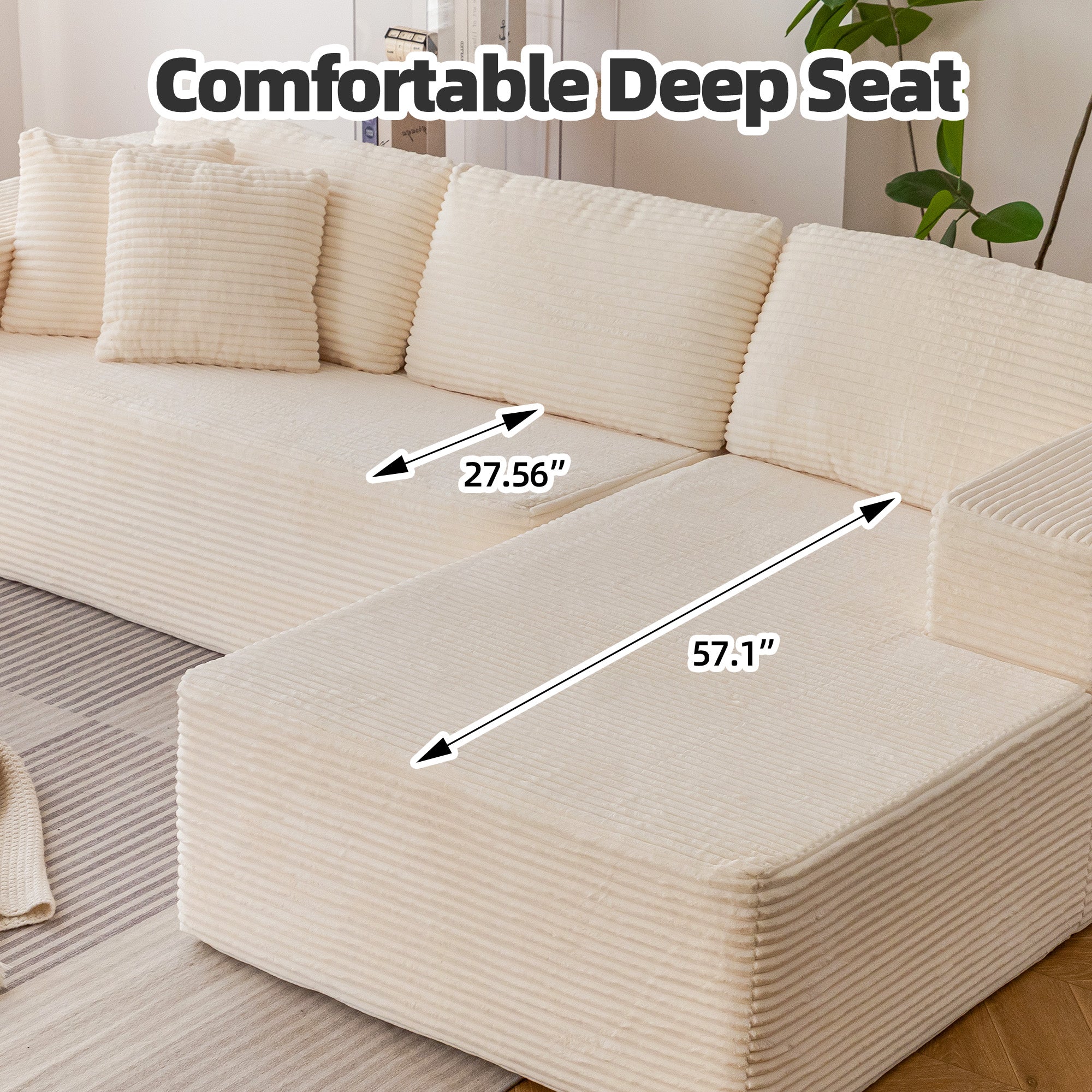 HOMREST 106 inch Cloud Sectional Couch with Chaise Lounge for Living Room, Corduroy Fabric, Beige