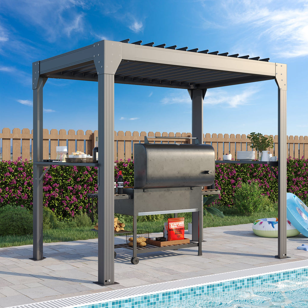 HOMREST 8' x 5' Louvered-Top Aluminum BBQ Grill Gazebo with Gutter & Side Shelves ¨C All-Weather Black