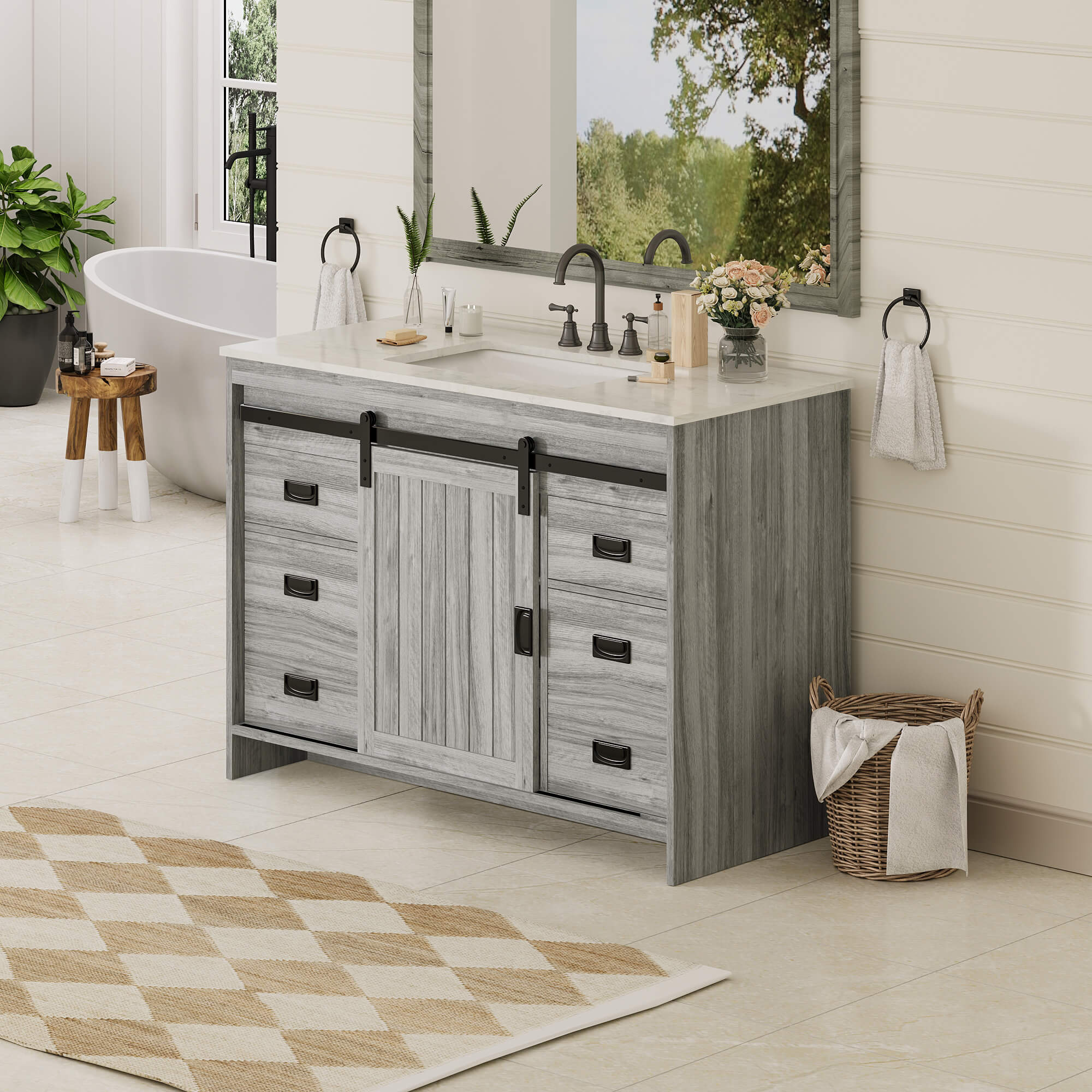 HOMREST 48" Farmhouse Single Bathroom Vanity with Engineered Stone Top, Sliding Barn Door Sink Vanity, Gray