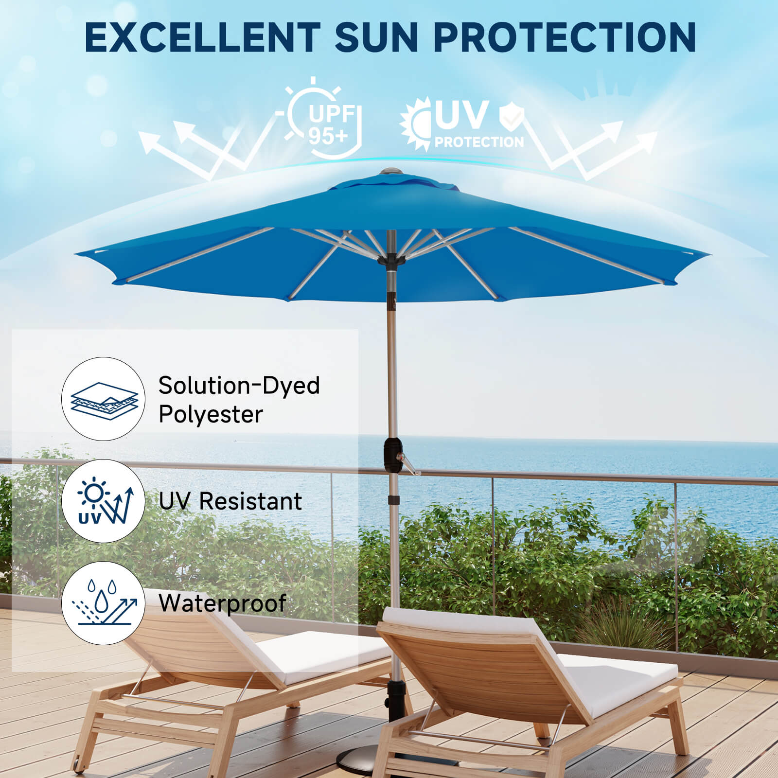 Homrest 9FT Aluminum Patio Umbrella, Fade-Resistant with Push Tilt, 8 Sturdy Aluminum Ribs Royal Blue