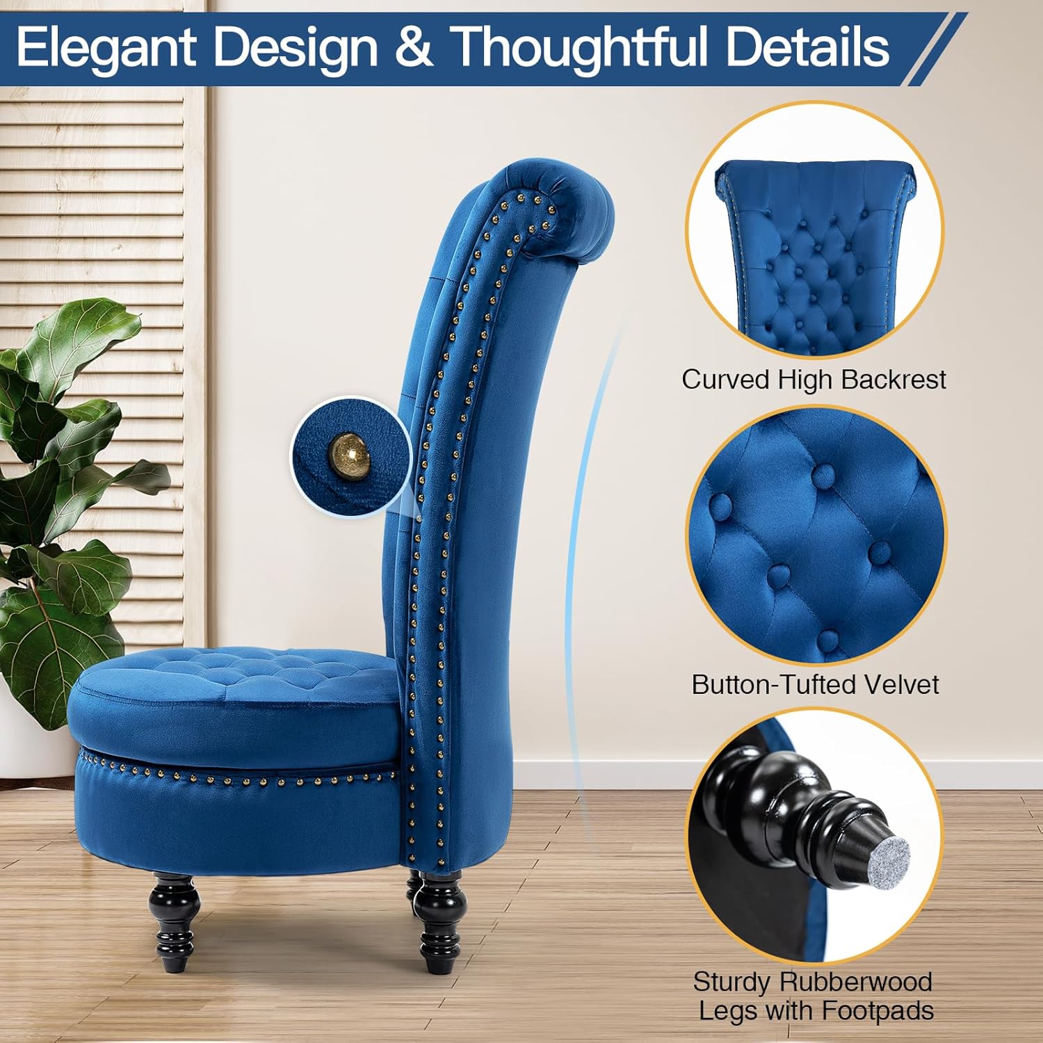 HOMREST High Back Throne Chair, Velvet Armless Royal Accent Chair w/Storage, Nailhead Trim & Rubberwood Legs for Living Room & Bedroom, Blue