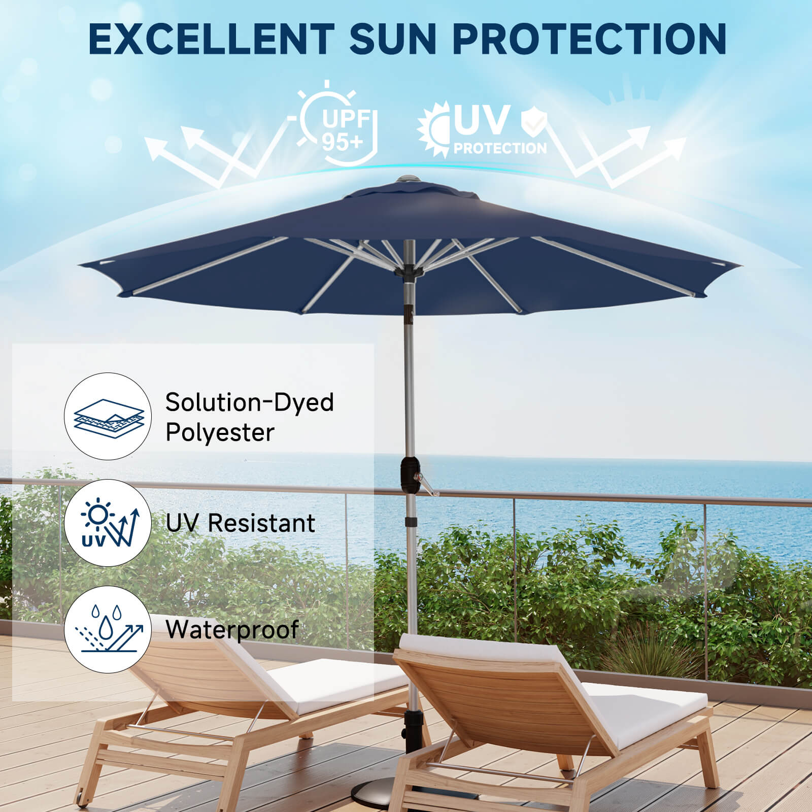 Homrest 9FT Aluminum Patio Umbrella, Fade-Resistant with Push Tilt, 8 Sturdy Aluminum Ribs Navy Blue
