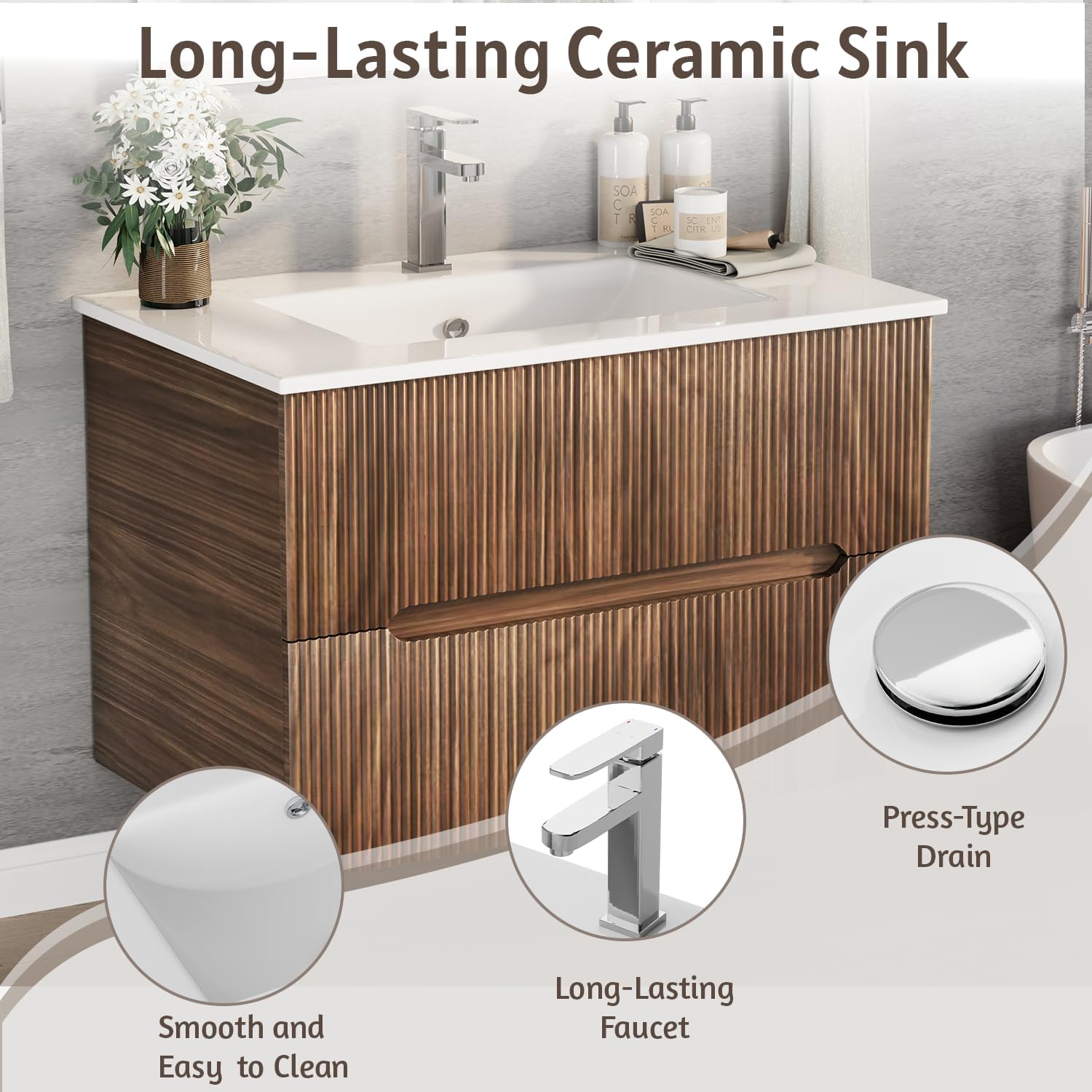 HOMREST 30 Inch Bathroom Vanity with Sink, Floating Bathroom Vanity with Ceramic Basin, Wall Mounted Bathroom Sink Cabinet Set with Soft-Close 2 Drawers, Faucet & Pop Up Drain, Walnut