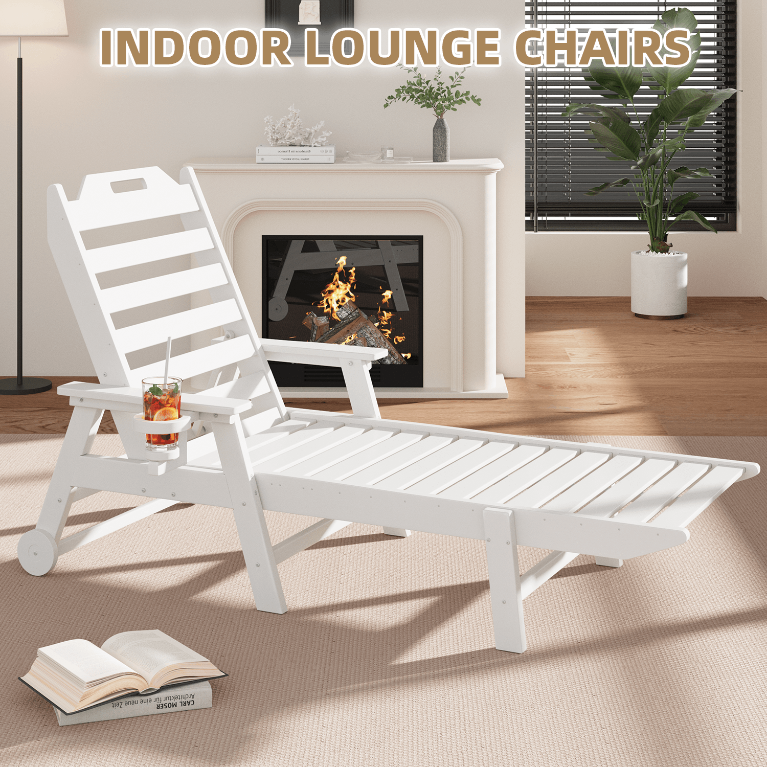 HOMREST 24" W Oversized Chaise Lounge Chairs Set of 2, Adjustable HDPE Outdoor Chairs with Wheels & Cup Holder, White