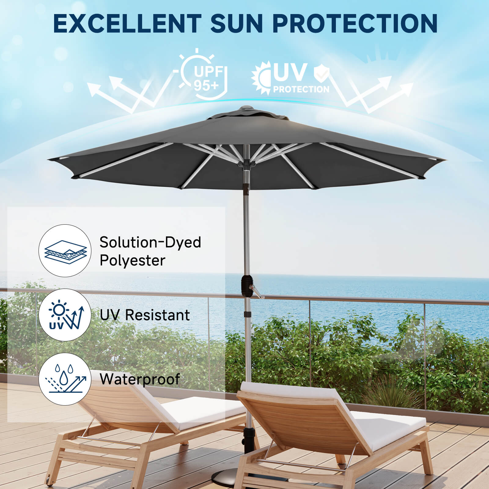 Homrest 9FT Aluminum Patio Umbrella, Fade-Resistant with Push Tilt, 8 Sturdy Aluminum Ribs Grey