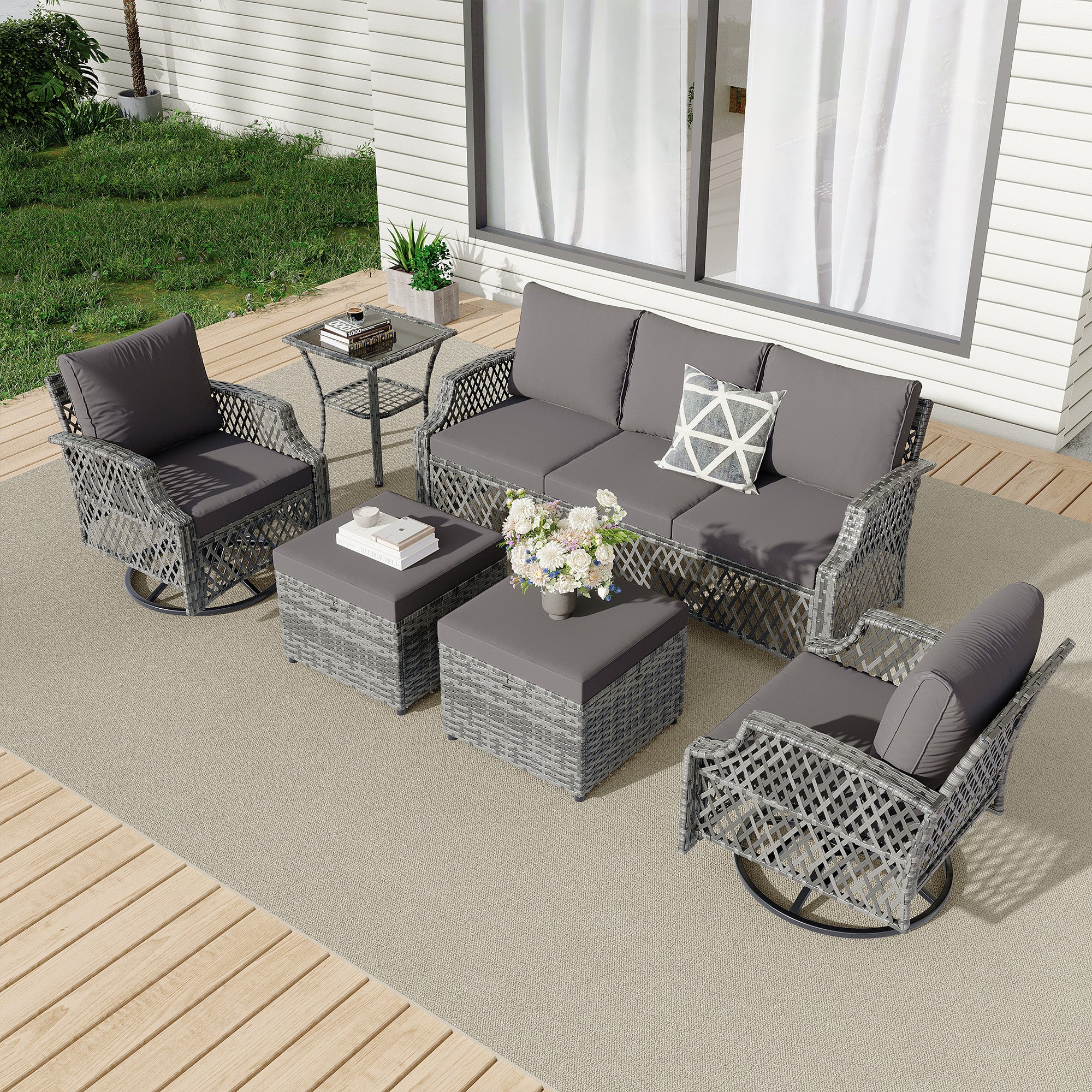 HOMREST 6 Piece Patio Furniture Set, Rattan Outdoor Sectional for Deck Backyard Porch (7 Seats, Gray)