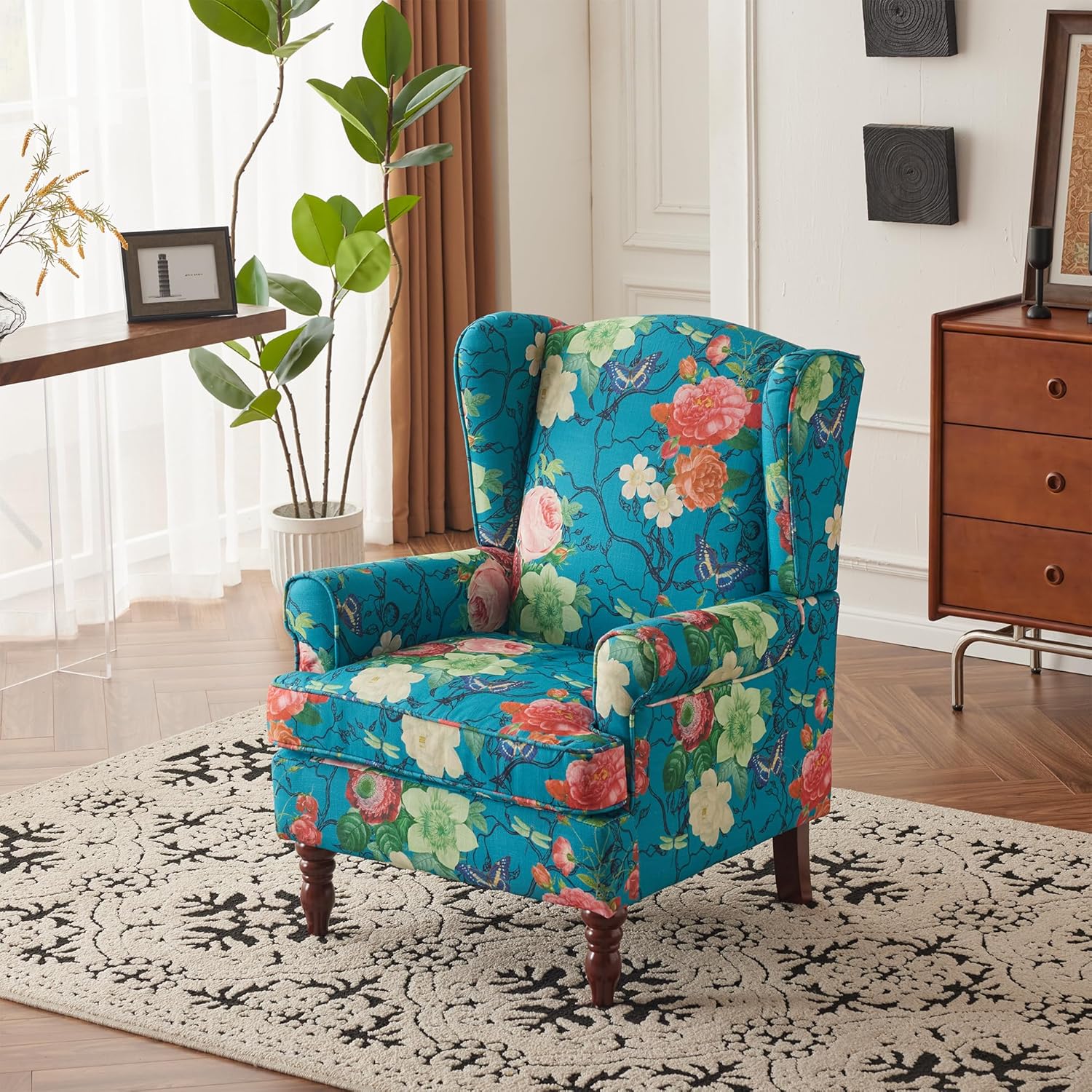 HOMREST Fabric Accent Chair for Living Room Bedroom Reading, Teal Floral