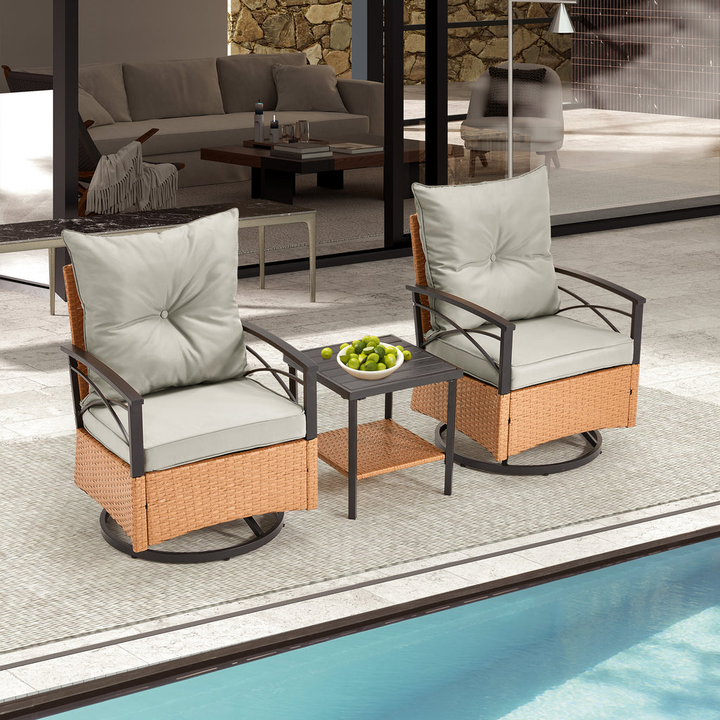 HOMREST 3-Piece Patio Swivel Rocker Set with Rattan Coffee Table, Gray