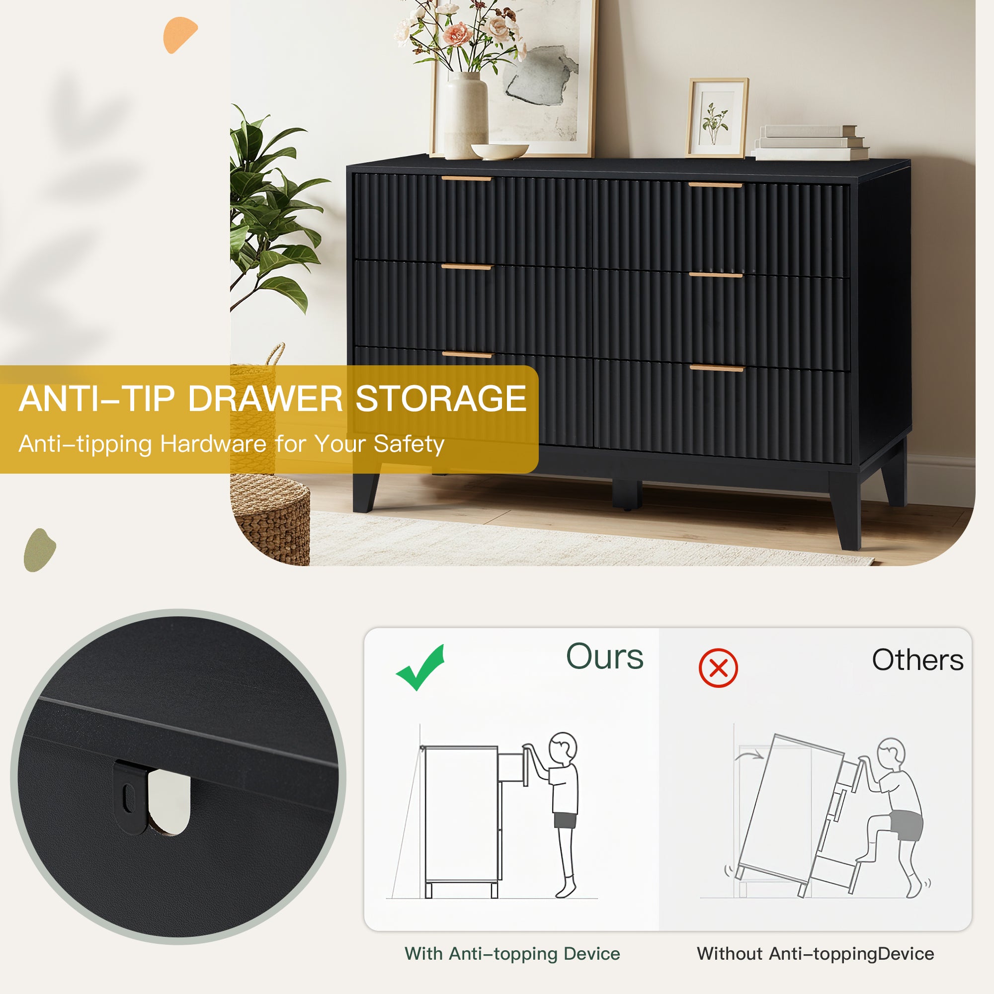 HOMREST Fluted Dresser for Bedroom, 6 Drawer Modern Dresser, Wide Modern Chest of Drawers with Metal Handle, Mid Century Modern Dresser, Black