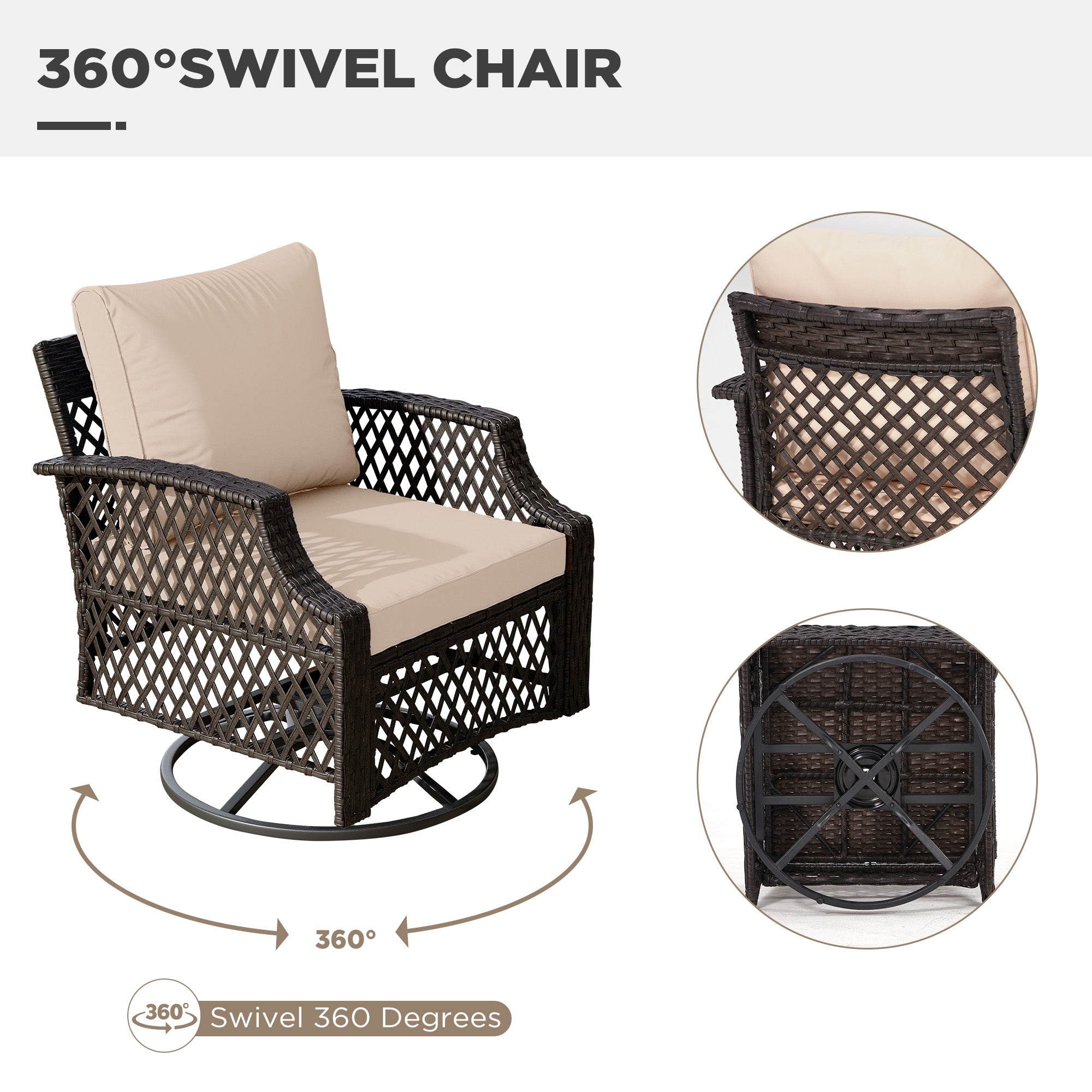 HOMREST 5 Piece Patio Furniture Set, Outdoor Wicker Swivel Chair Set with Ottomans and Side Table (Khaki)