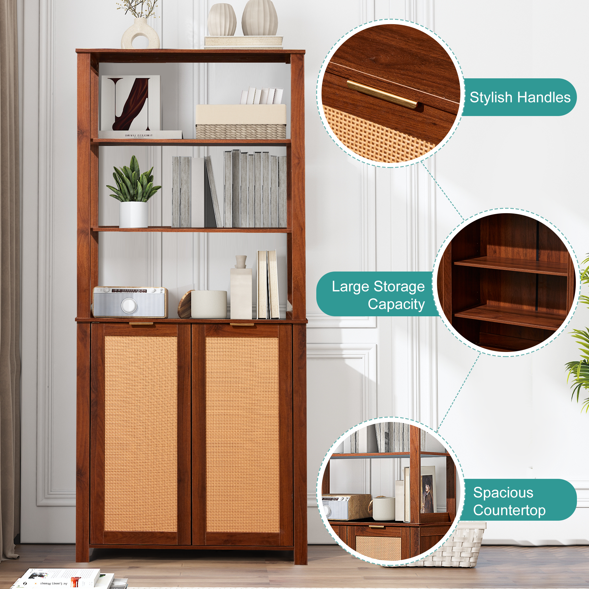 HOMREST Rattan Bookcase with cabinet, Heavy Duty Freestanding Bookcase With Storage Open Display, Walnut Brown