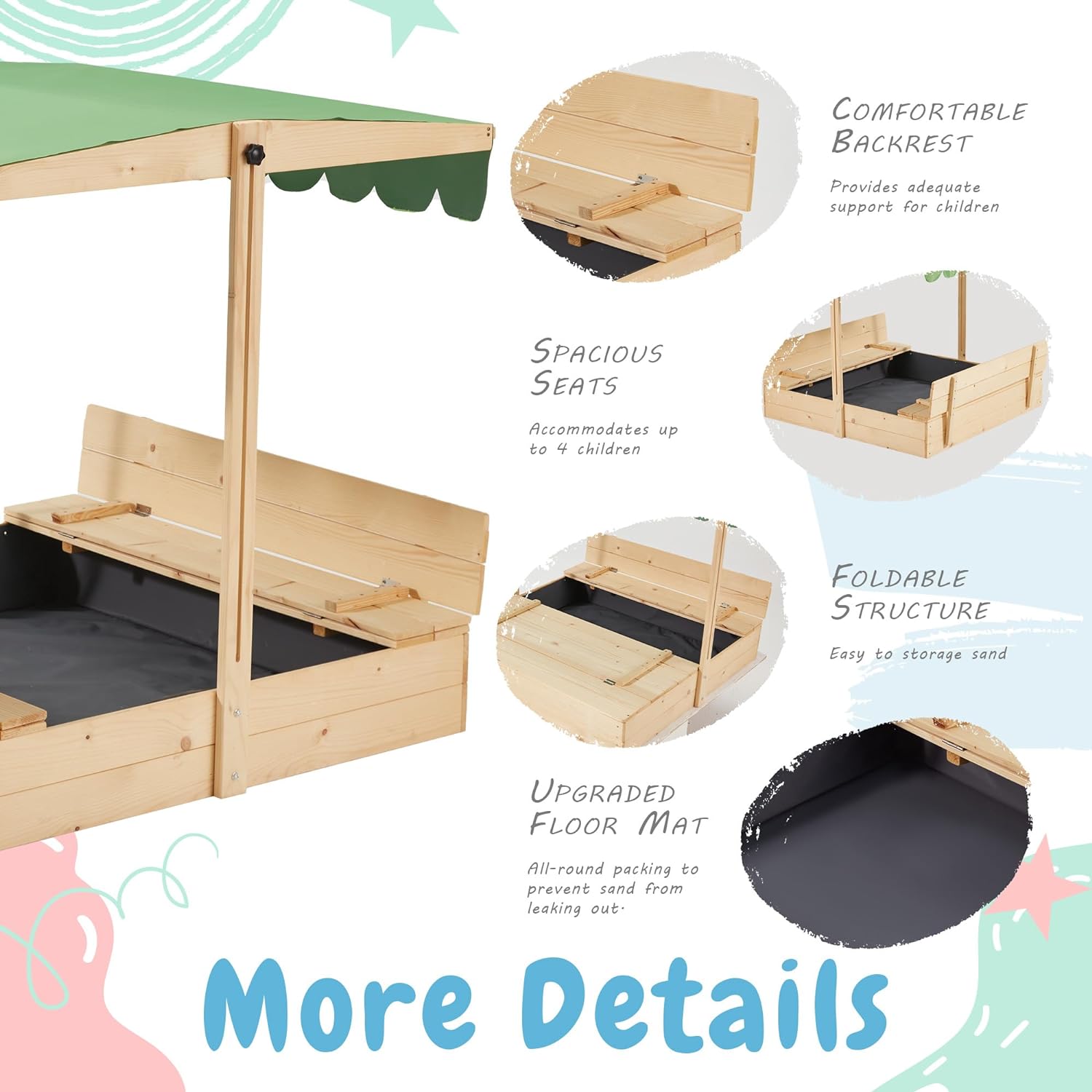 Homrest Kids Sandbox with Cover,Height Adjustable Roof,for Aged 3-8, with Sand Protection Liner, for Backyard, Beach, Lawn