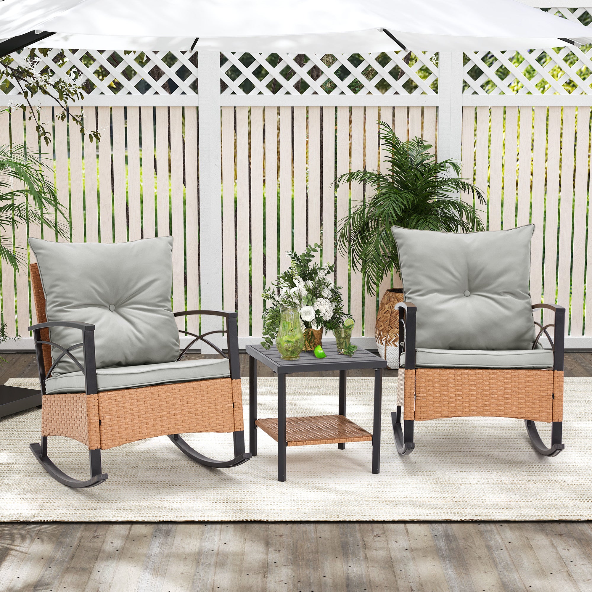 HOMREST 3-Piece Bistro Set: Outdoor Rattan Rocking Chairs with Cushions and Coffee Table