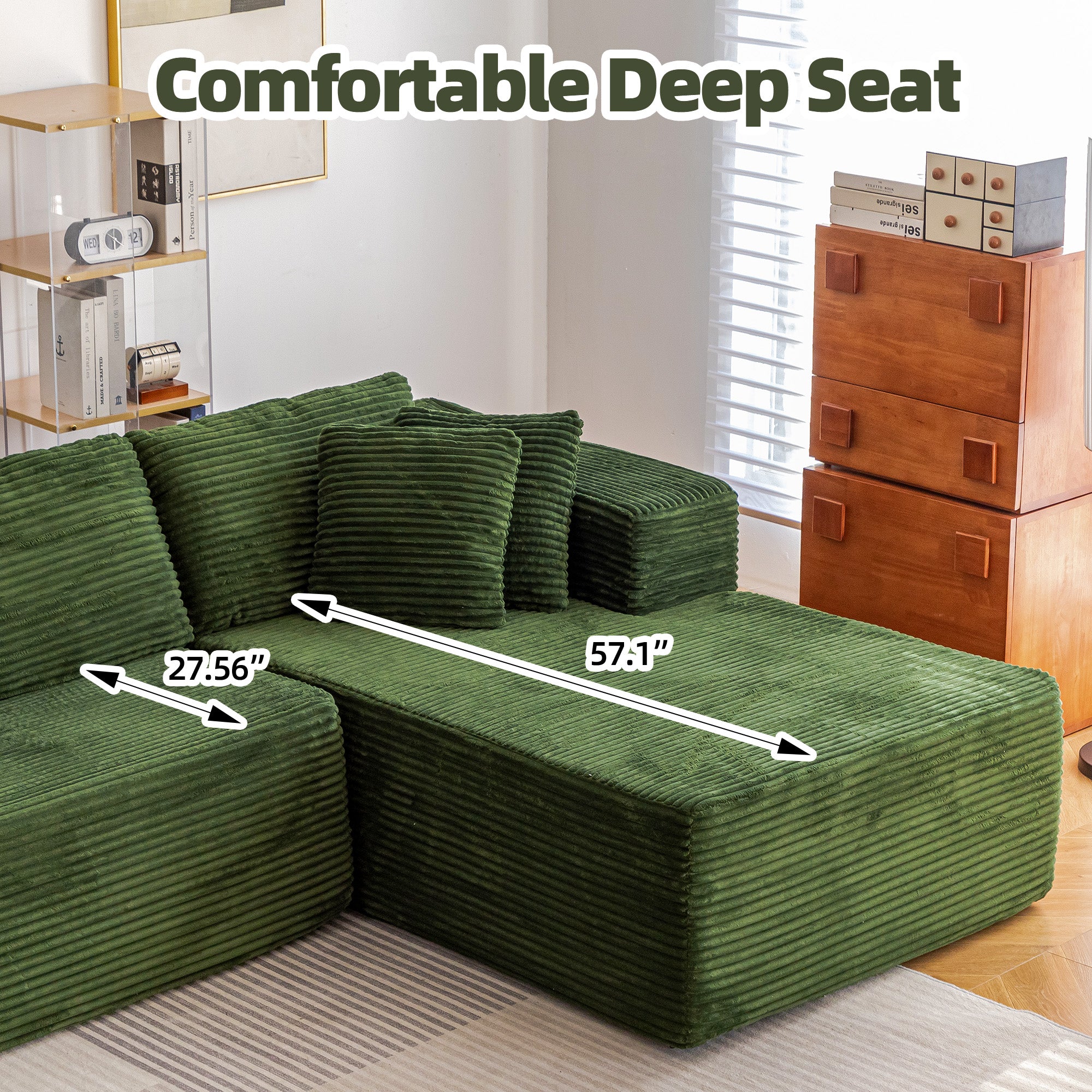 HOMREST 106 inch Cloud Sectional Couch with Chaise Lounge for Living Room, Corduroy Fabric, Green