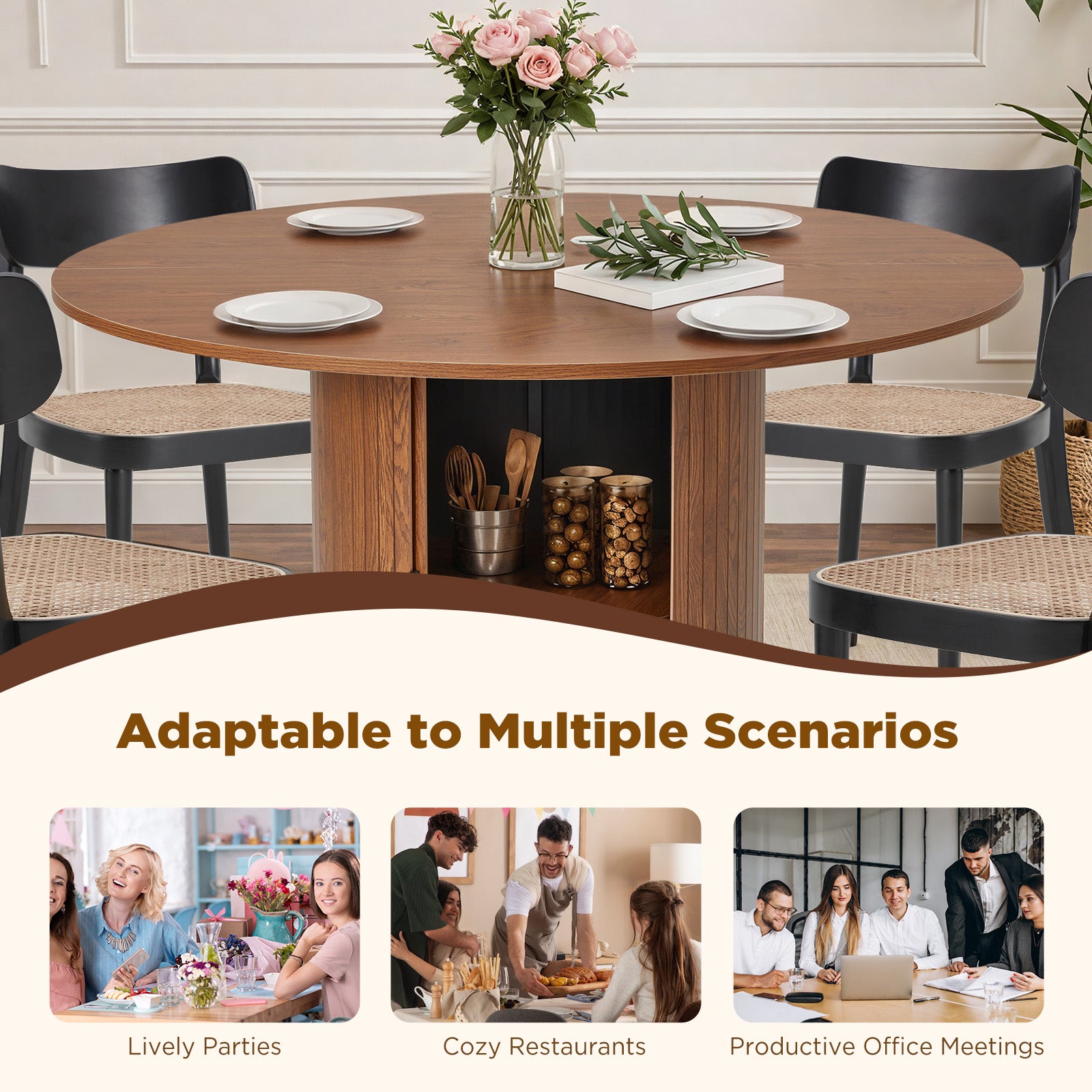 Homrest 47-inch Round Dining Table for 4-6, Farmhouse Circle Kitchen Table with 2-Layer Storage Shelf and Wood Slide Door, Modern Fluted Design Wooden Dining Desk for Dining Room, Brown