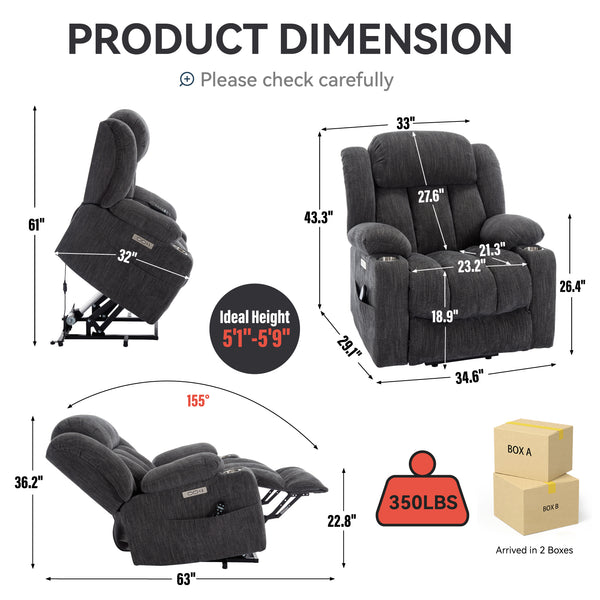 Homrest Premium Electric Recliner Chair with 8-Point Massage & Heating, Plush Chenille Fabric, Dark Gray