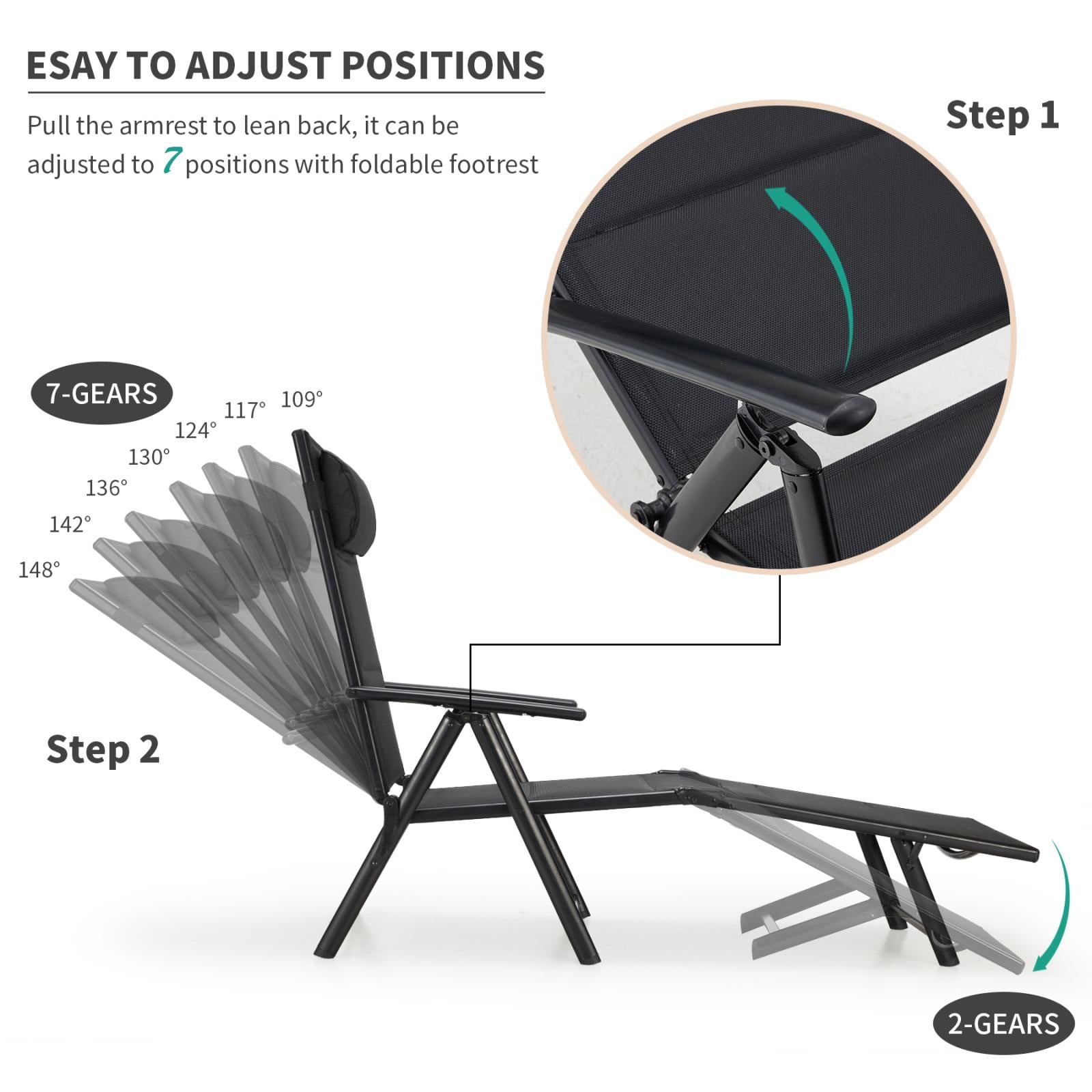 Outdoor Folding Lounge Chair with 7-Position Adjustable Backrest for Poolside, Black