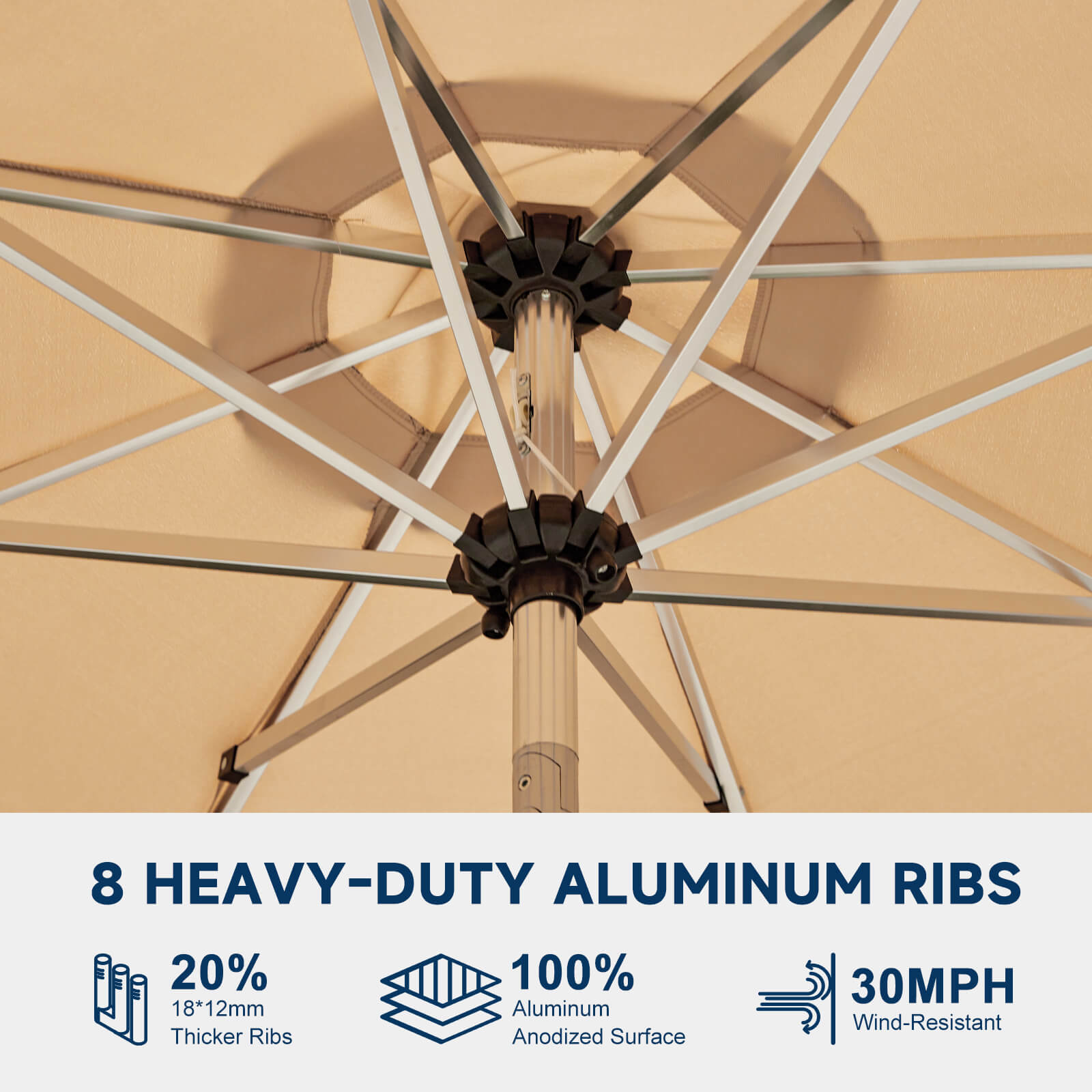 Homrest 9FT Aluminum Patio Umbrella, Fade-Resistant with Push Tilt, 8 Sturdy Aluminum Ribs Beige