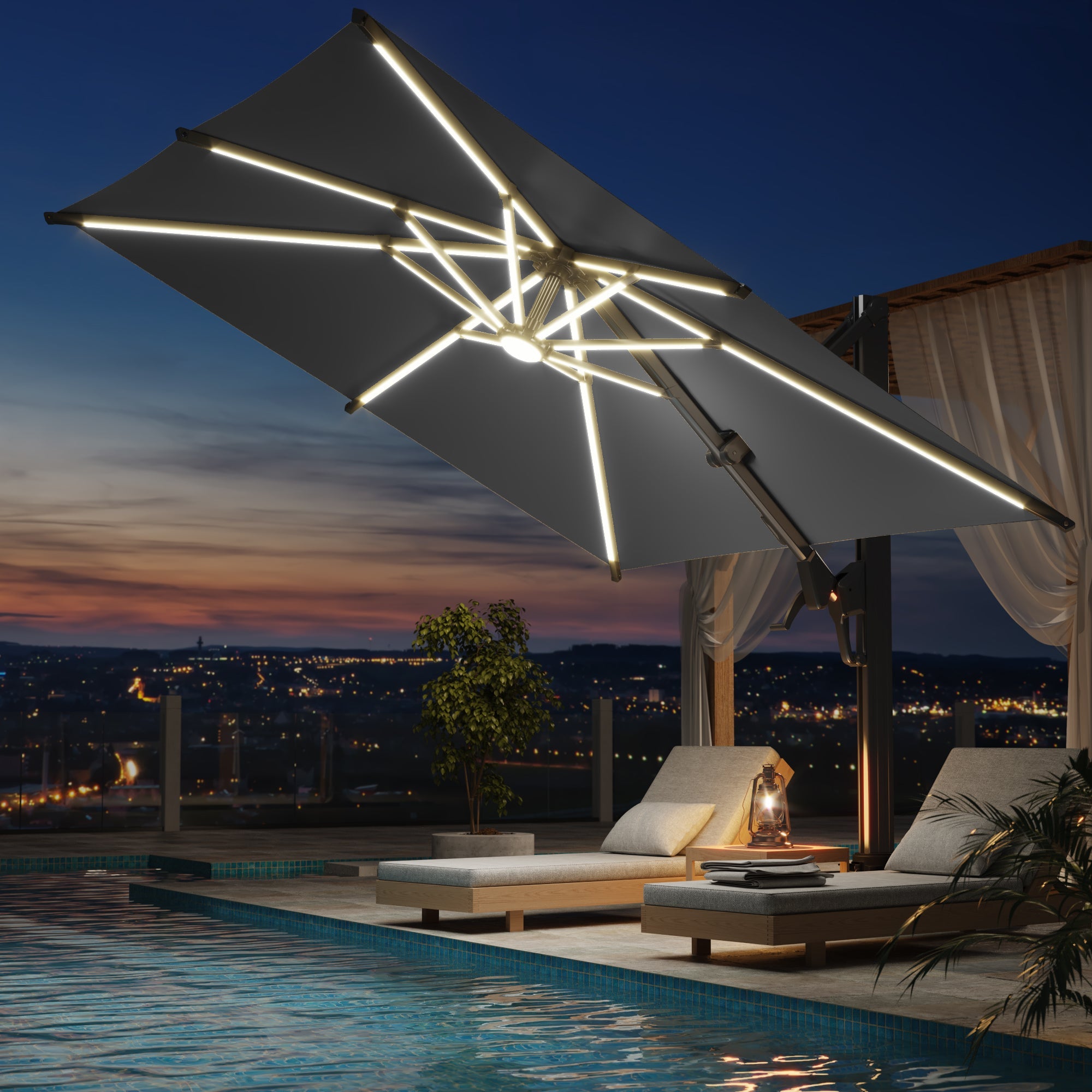 HOMREST 10 X 10 Outdoor Weather-resistant Umbrella with LED Lighting(Base Excluded) - Gray