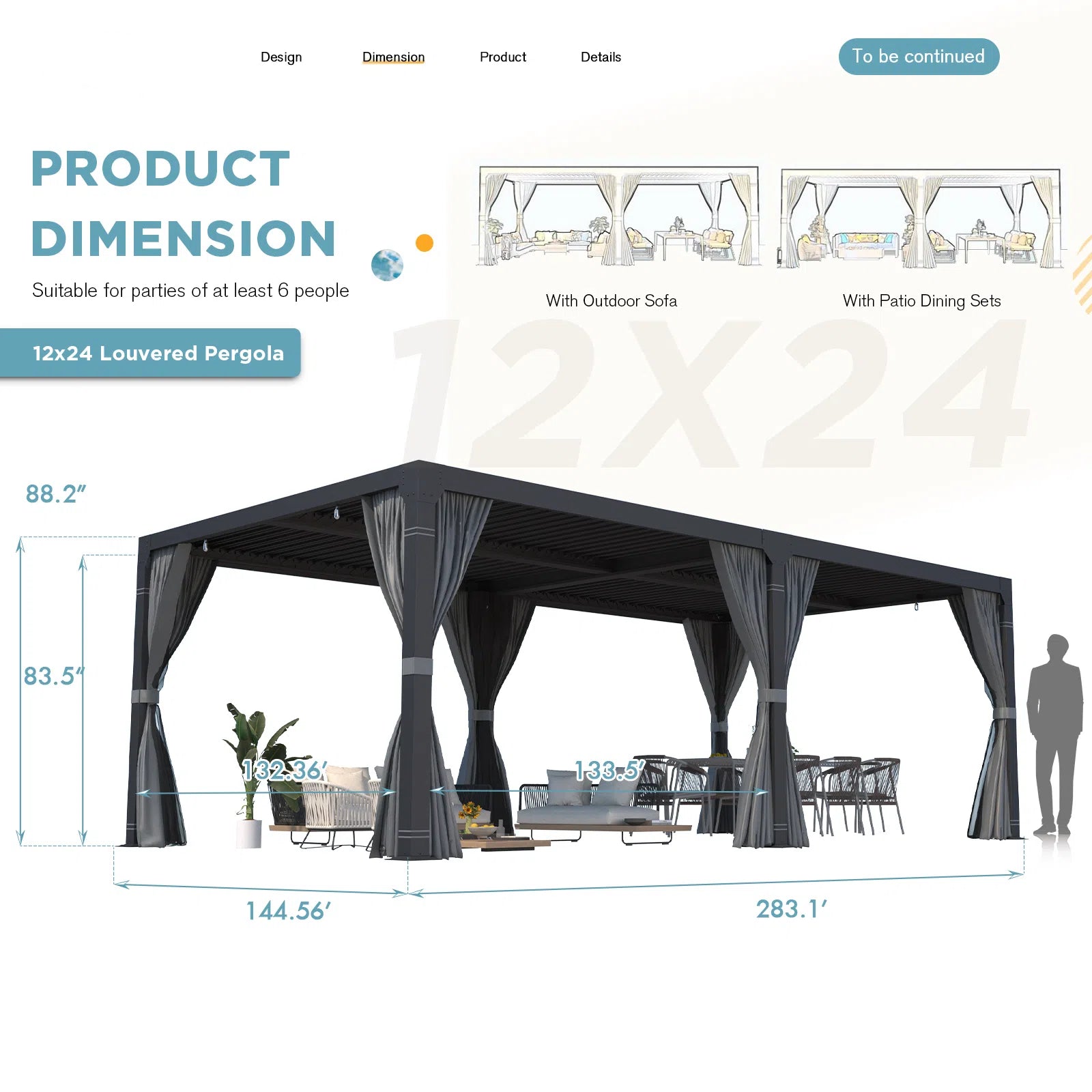 HOMREST Louvered Pergola 12x24 with Aluminum Frame, Gray-Black