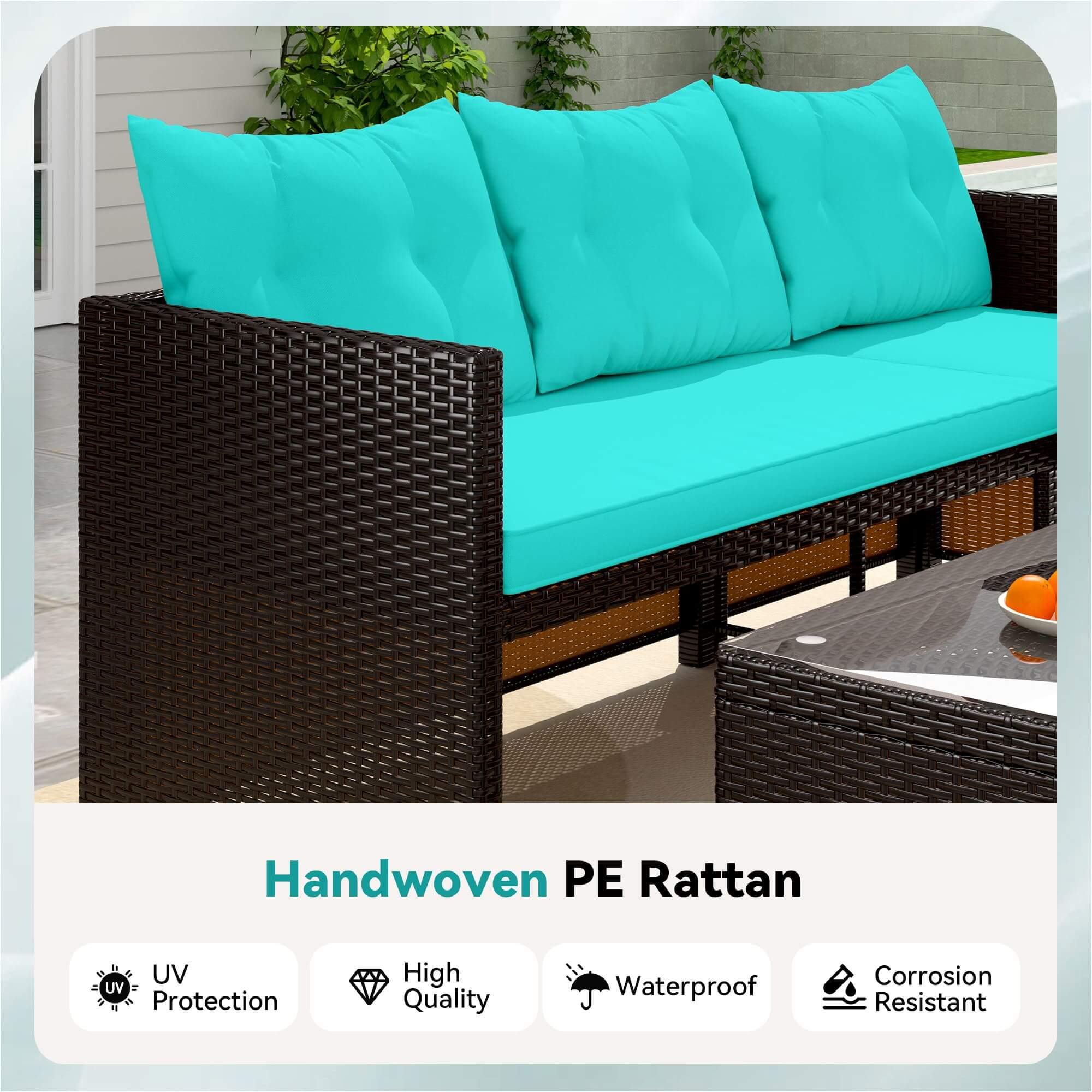 HOMREST 3 Piece Outdoor Patio Furniture Set, All-Weather PE Rattan Sofa Set with Glass Table & Cushions, Blue