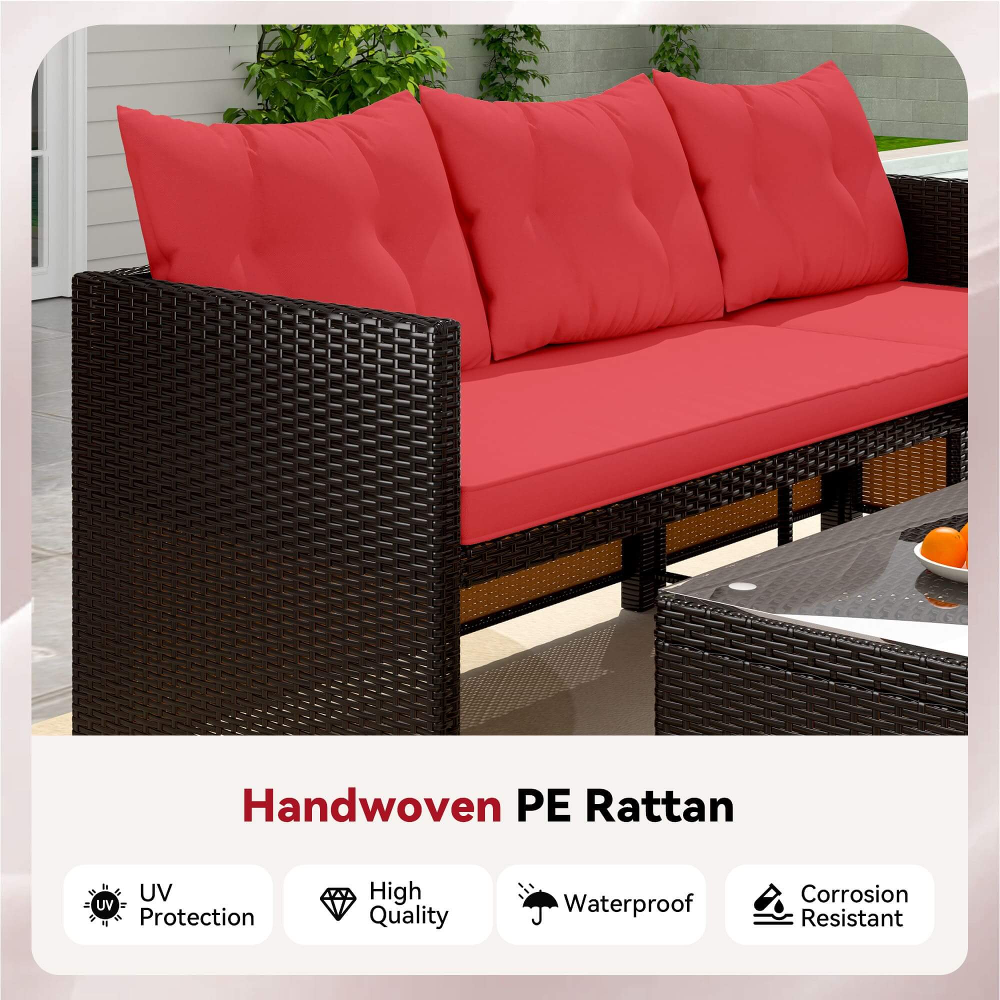 HOMREST 3 Piece Outdoor Patio Furniture Set, All-Weather PE Rattan Sofa Set with Glass Table & Cushions, Red