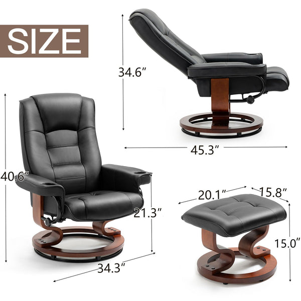 Homrest Recliner with Ottoman, Wood Base & Adjustable Back, Faux Leather Swivel Reclining Chair with Footrest for Living Room and Bedroom, Black