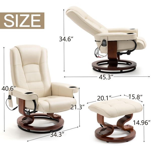 Homrest Reclining Chair with Vibration Massage Faux Leather Recliner with Ottoman Swivel Wood Recliner Chairs for Living Room, Beige