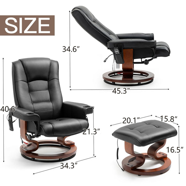 Homrest Reclining Chair with Vibration Massage Faux Leather Recliner with Ottoman Swivel Wood Recliner Chairs for Living Room, Black