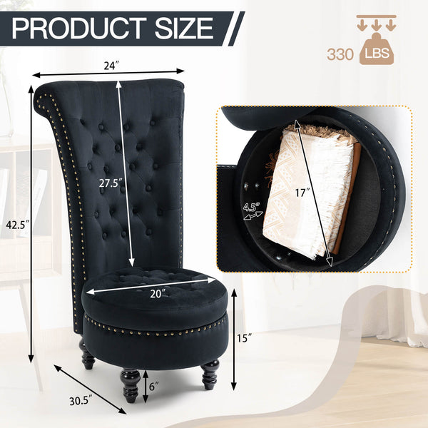 Homrest Throne High-Back Velvet Accent Chair with Storage – Black