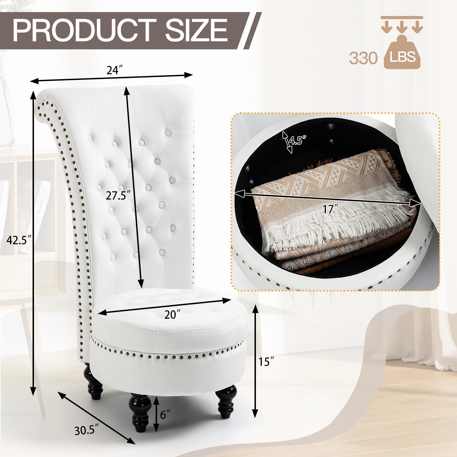 Homrest Throne High-Back Velvet Accent Chair with Storage – White