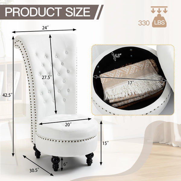 Homrest Throne High-Back Velvet Accent Chair with Storage – White