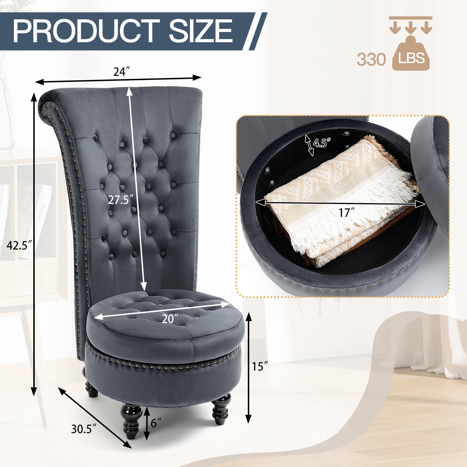 Homrest Throne High-Back Velvet Accent Chair with Storage – Grey