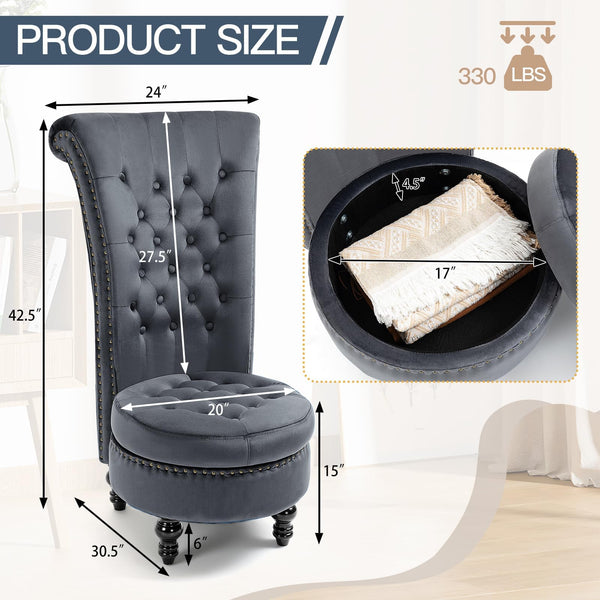 Homrest Throne High-Back Velvet Accent Chair with Storage – Grey